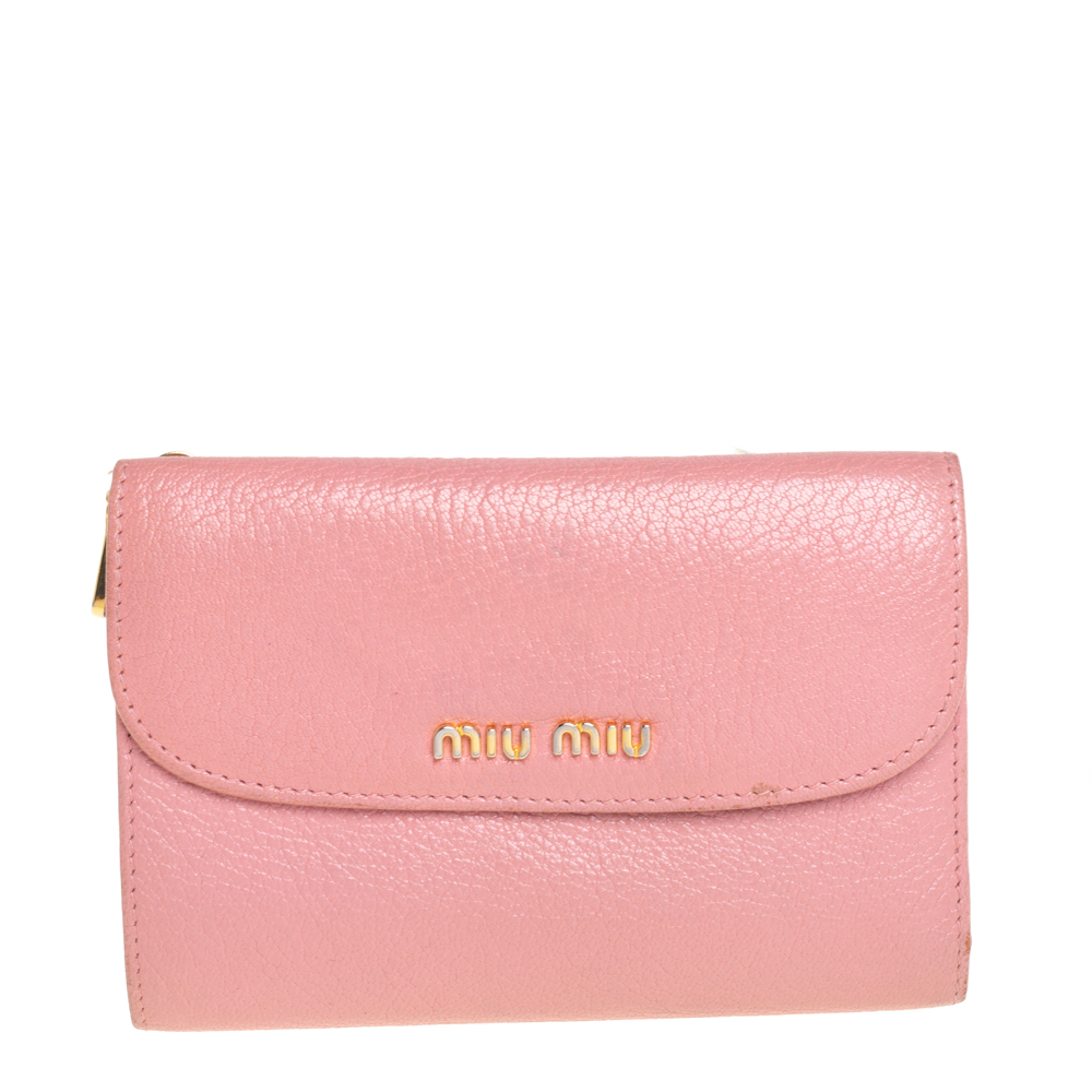 Pre-owned Miu Miu Pink Leather Madras Compact Wallet