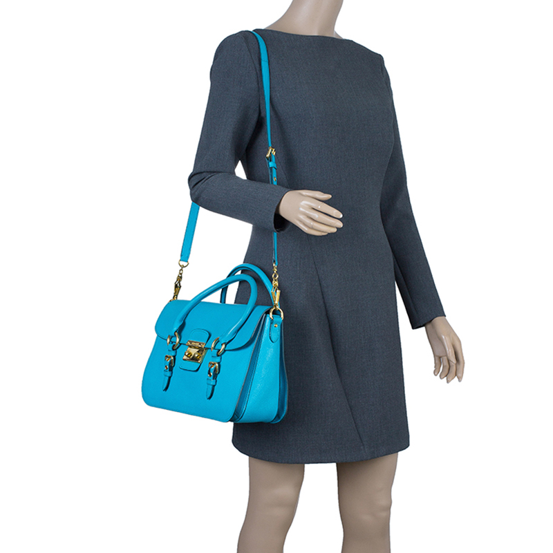 

Miu Miu Turquoise Blue Leather Large Madras Flap Satchel Bag