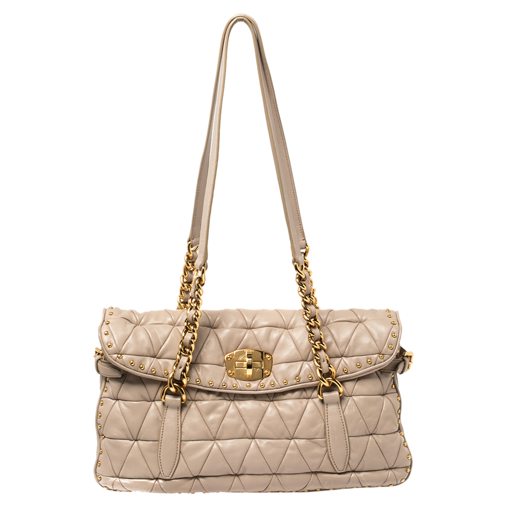 Pre-owned Miu Miu Beige Quilted Leather Studded Flap Shoulder Bag ...