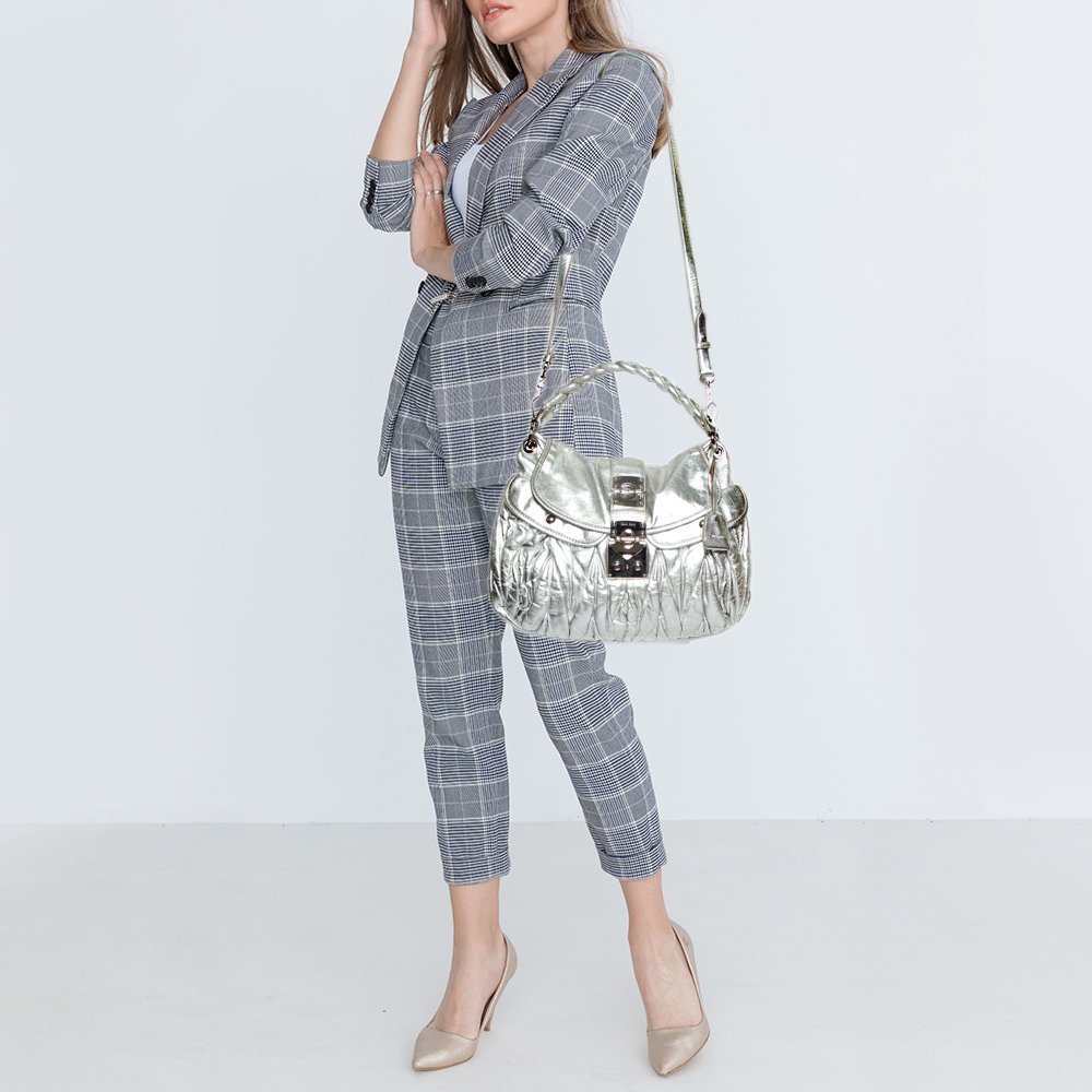 

Miu Miu Silver Matelassé Leather Coffer Hobo