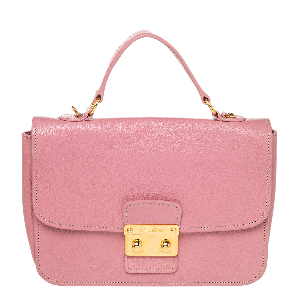 Pre-owned Miu Miu Pink Madras Leather Push Lock Flap Top Handle Bag ...