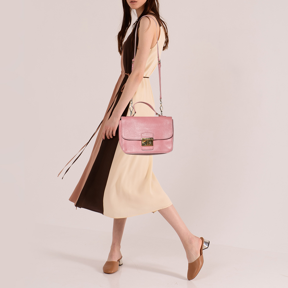 

Miu Miu Pink Madras Leather Push Lock Flap Top Handle Bag
