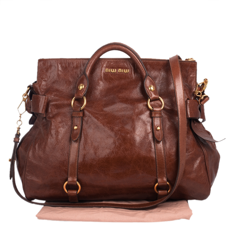 Miu Miu Dark Brown Vitello Lux Leather Bow Tote at 1stDibs