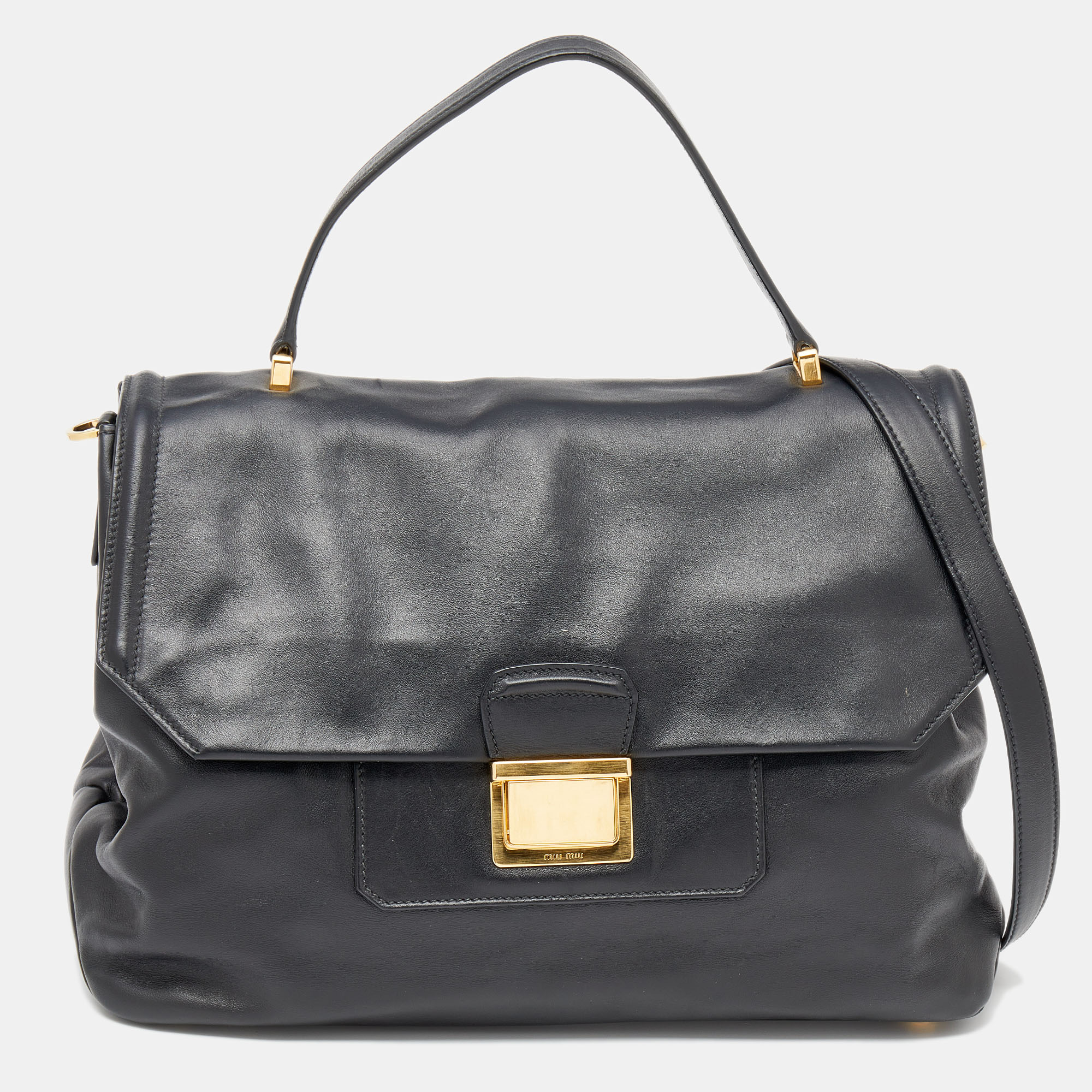 Pre-owned Miu Miu Black Vitello Soft Leather Large Top Handle Bag