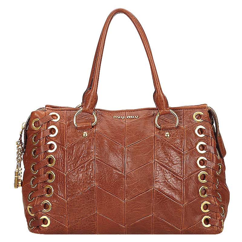 Miu Miu Brown Studded Leather Tote Bag
