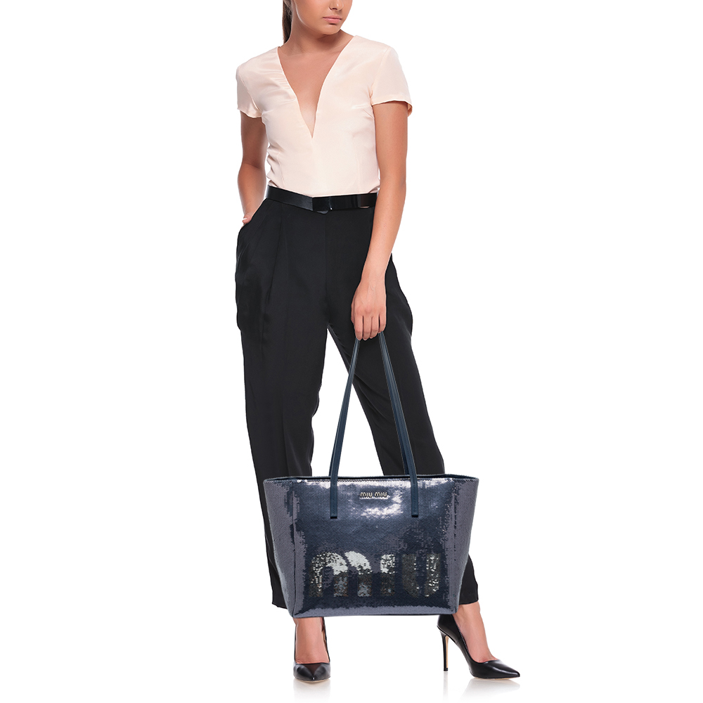 

Miu Miu Blue/Silver Sequins and Leather Shopper Tote