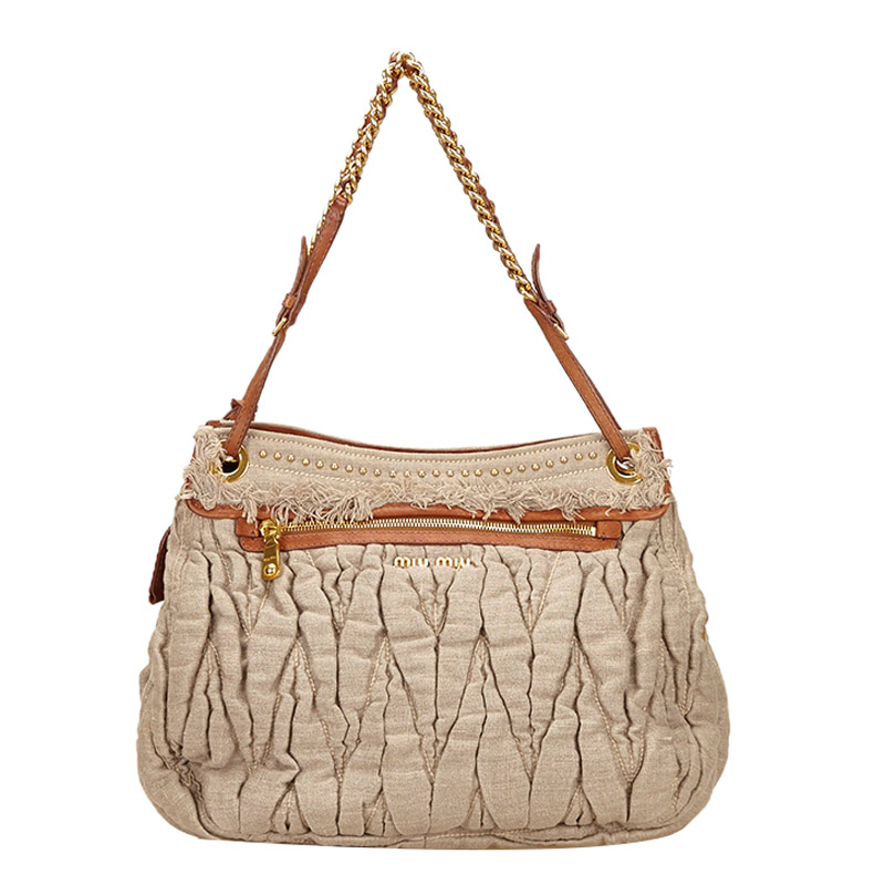 

Miu Miu Beige Gathered Hemp Shoulder Bag, Brown