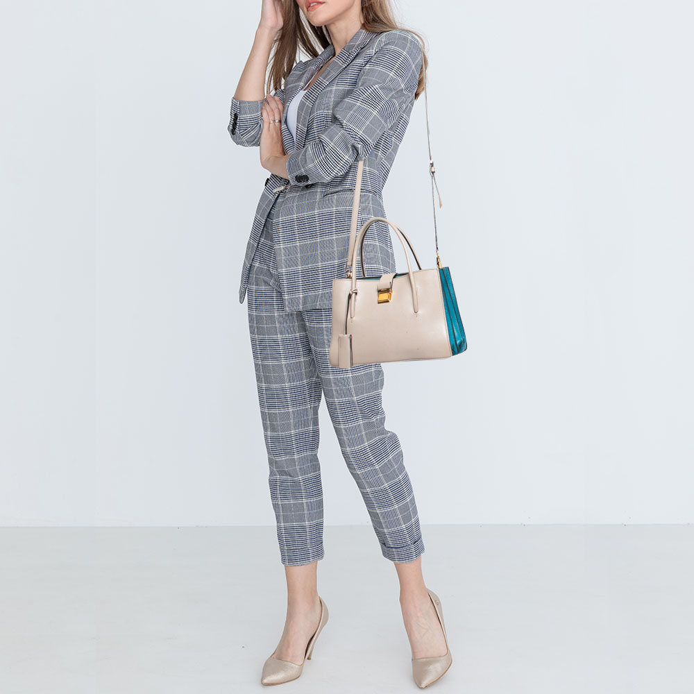 

Miu Miu Beige/Blue Madras Leather Medium Tote