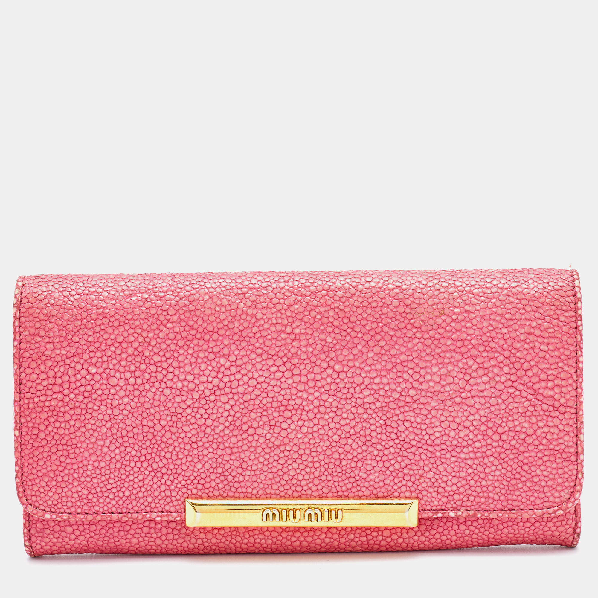 Pre-owned Miu Miu Pink Stingray Leather Logo Flap Continental Wallet