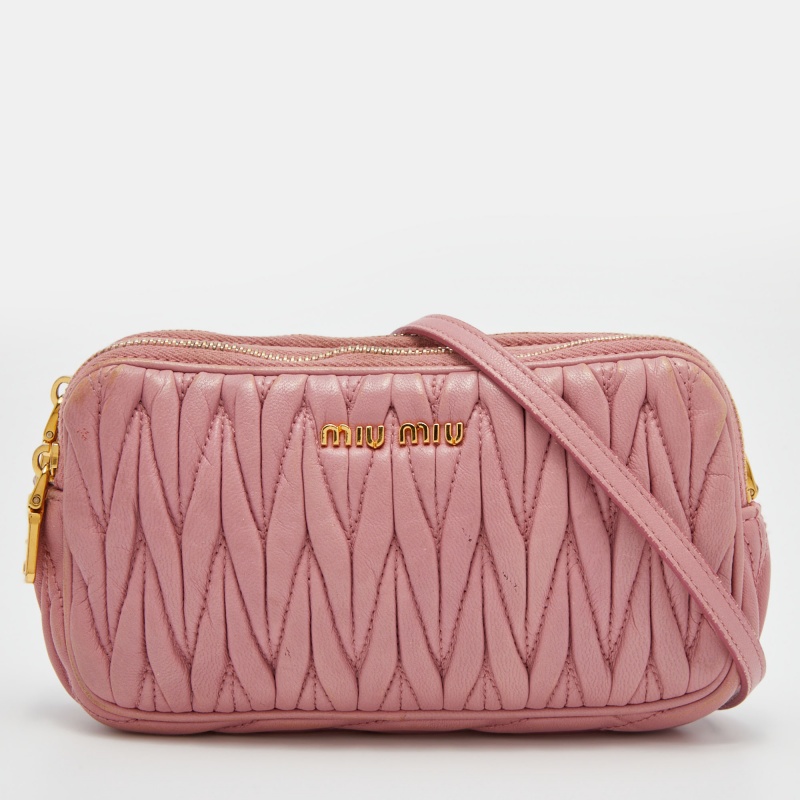Pre-owned Miu Miu Pink Matelasse Leather Double Zip Crossbody Bag