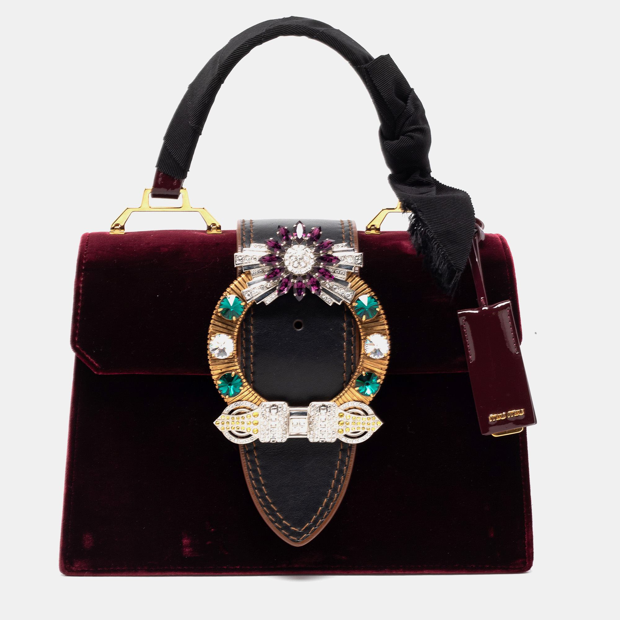 Pre-owned Miu Miu Burgundy Velvet And Patent Leather Crystal Embellished Flap Top Handle Bag