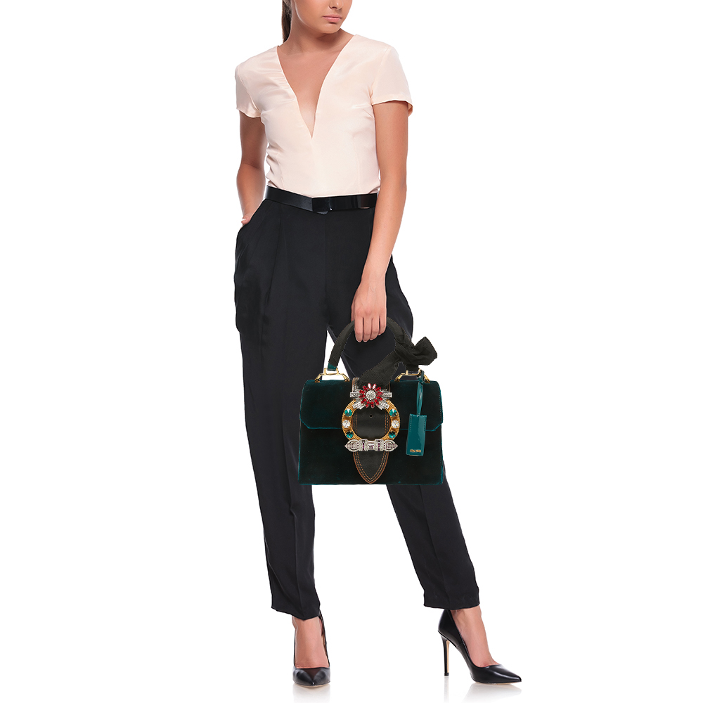 

Miu Miu Green Velvet and Leather Crystal Embellished Buckle Flap Top Handle Bag