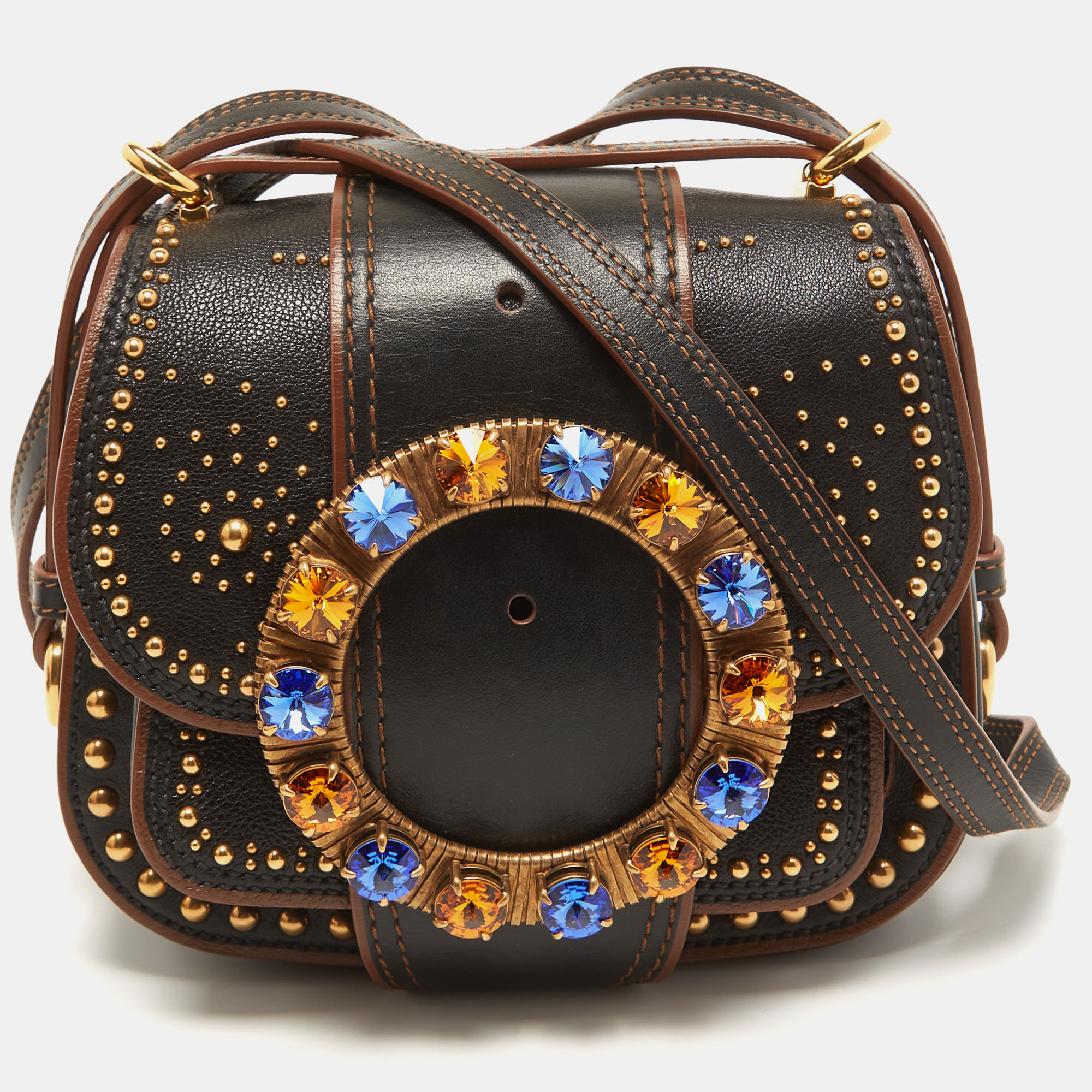 Pre-owned Miu Miu Black Leather Crystal Embellished Dahlia Crossbody Bag