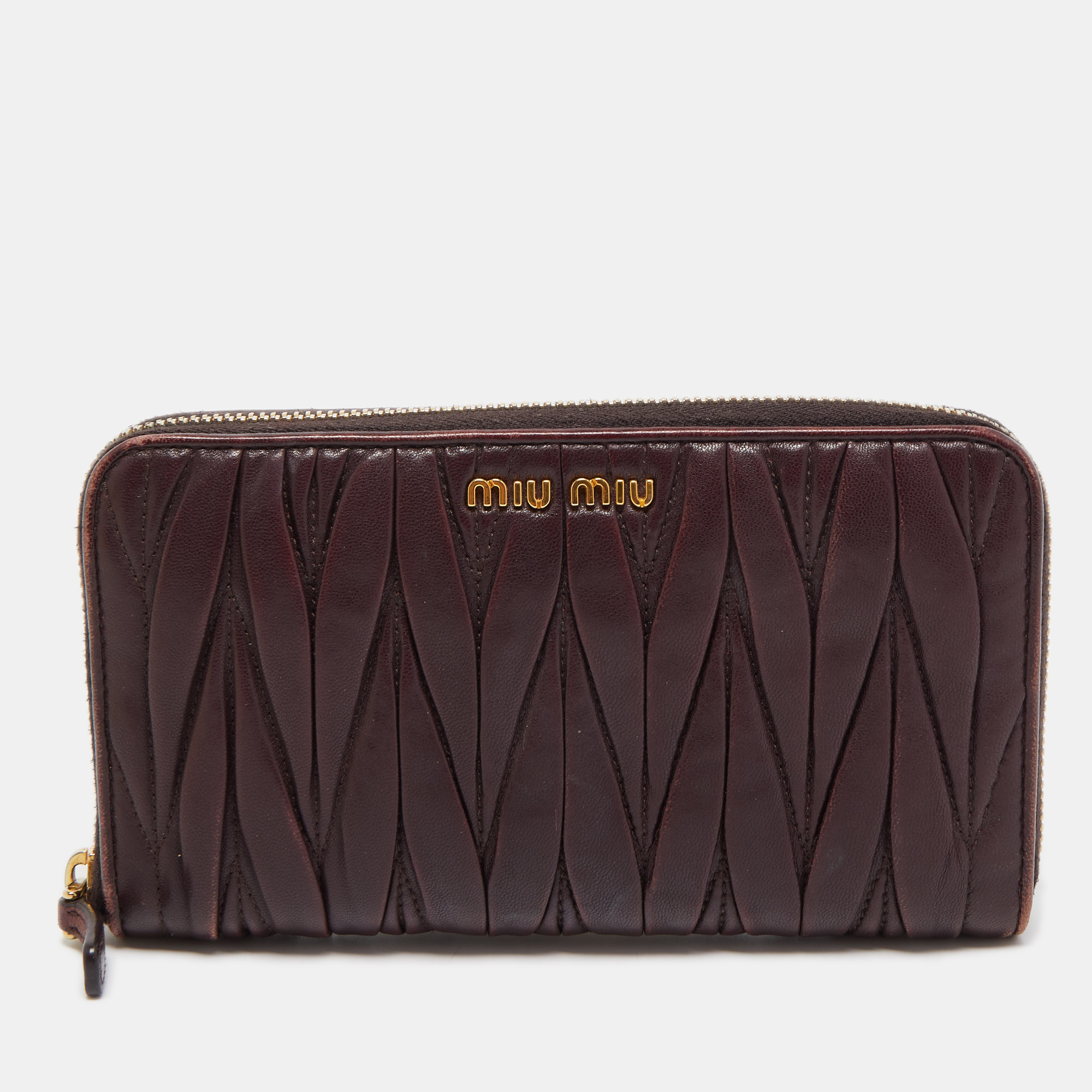 Pre-owned Miu Miu Burgundy Matelassé Leather Zip Around Wallet