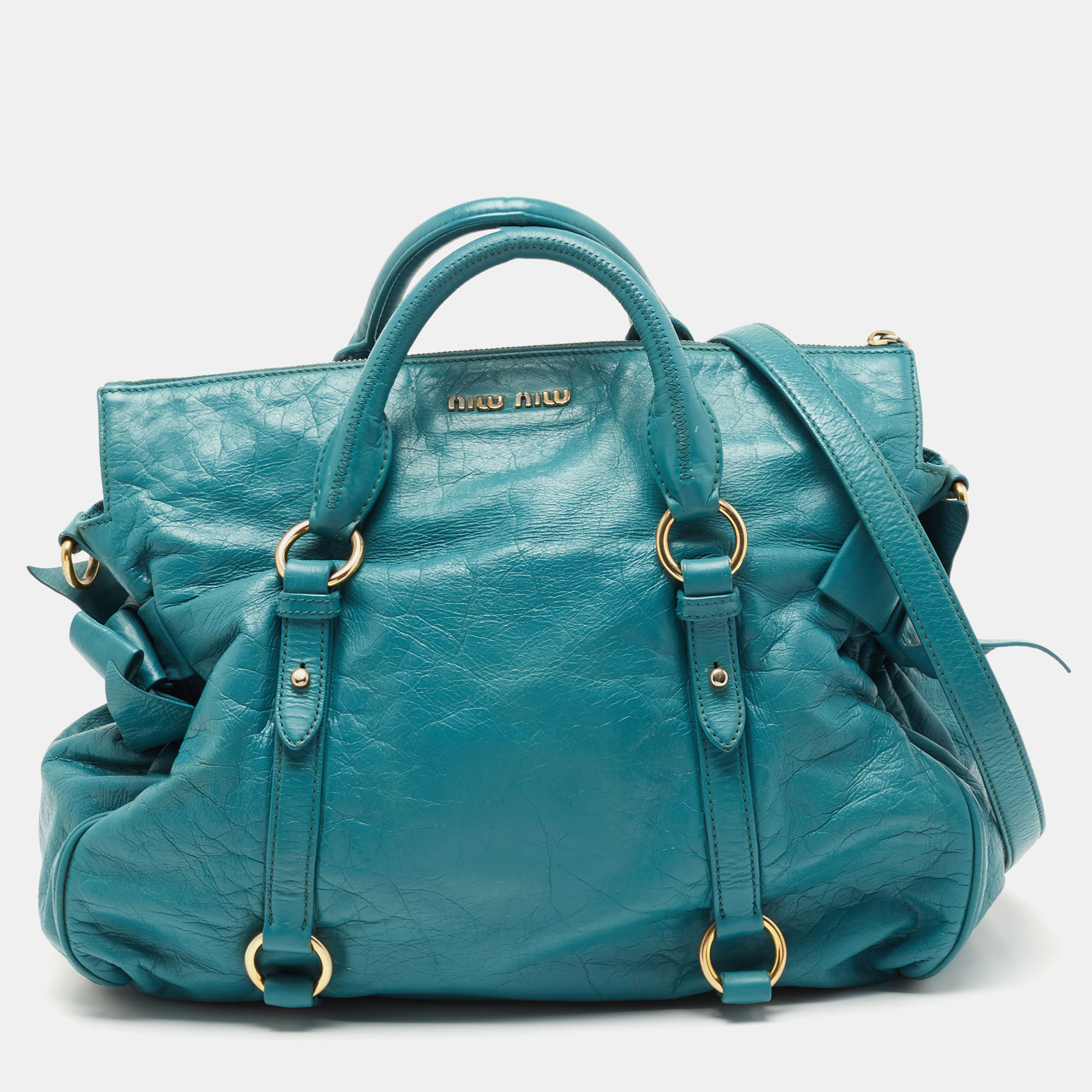 Pre-owned Miu Miu Teal Vitello Leather Bow Bag In Blue