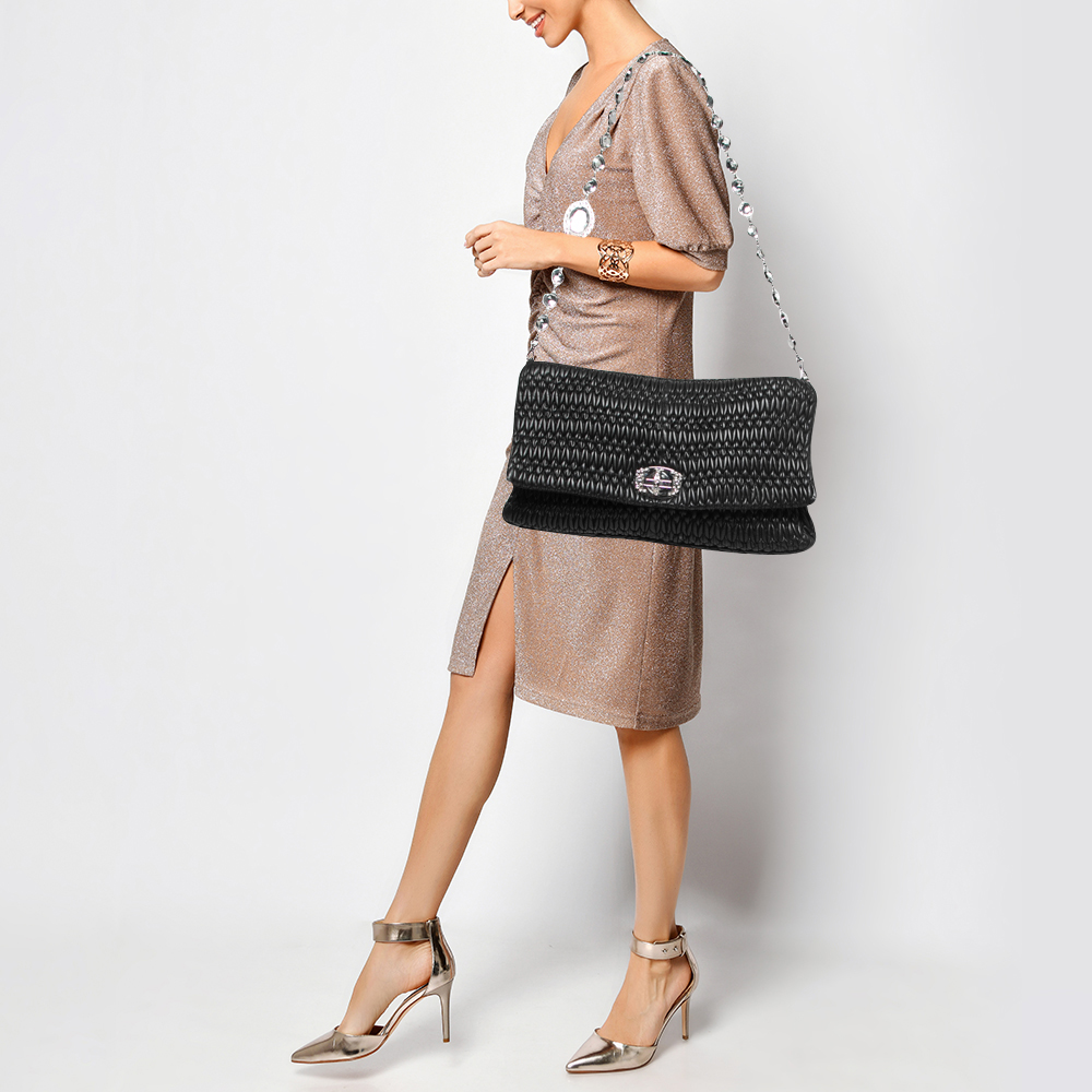 

Miu Miu Black Matelassé Leather Crystal Flap Shoulder Bag