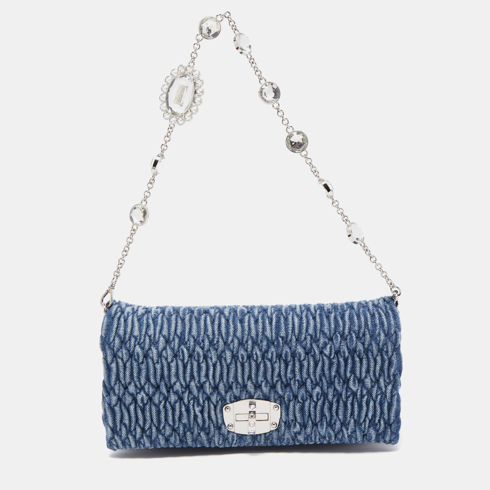 Pre Owned Miu Miu Blue Matelassé Denim Crystal Flap Shoulder Bag