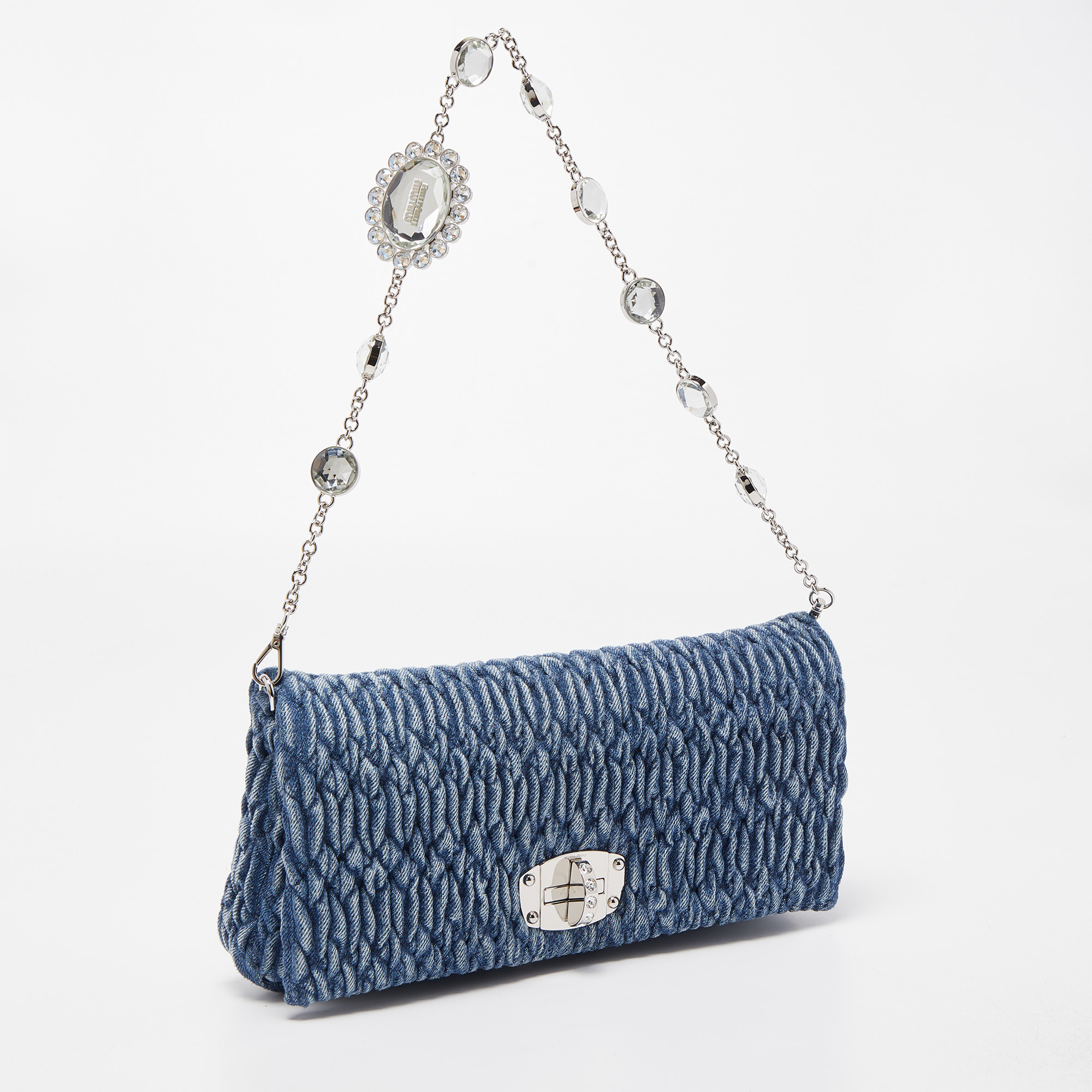 Miu Miu Blue Matelassé Denim Crystal Flap Shoulder Bag