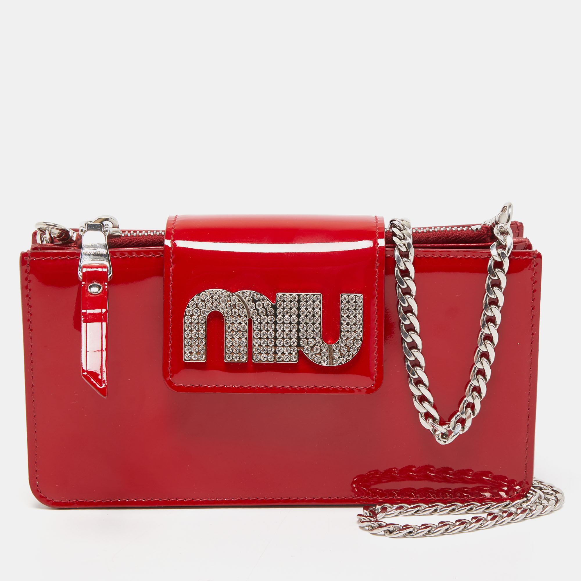 Pre-owned Miu Miu Red Patent Leather Logo Crystals Flap Wallet On Chain
