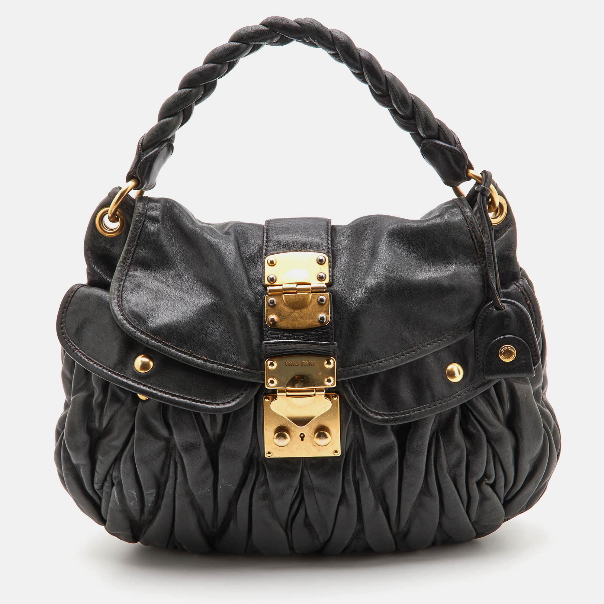 Pre-owned Miu Miu Black Matelassé Leather Coffer Bag