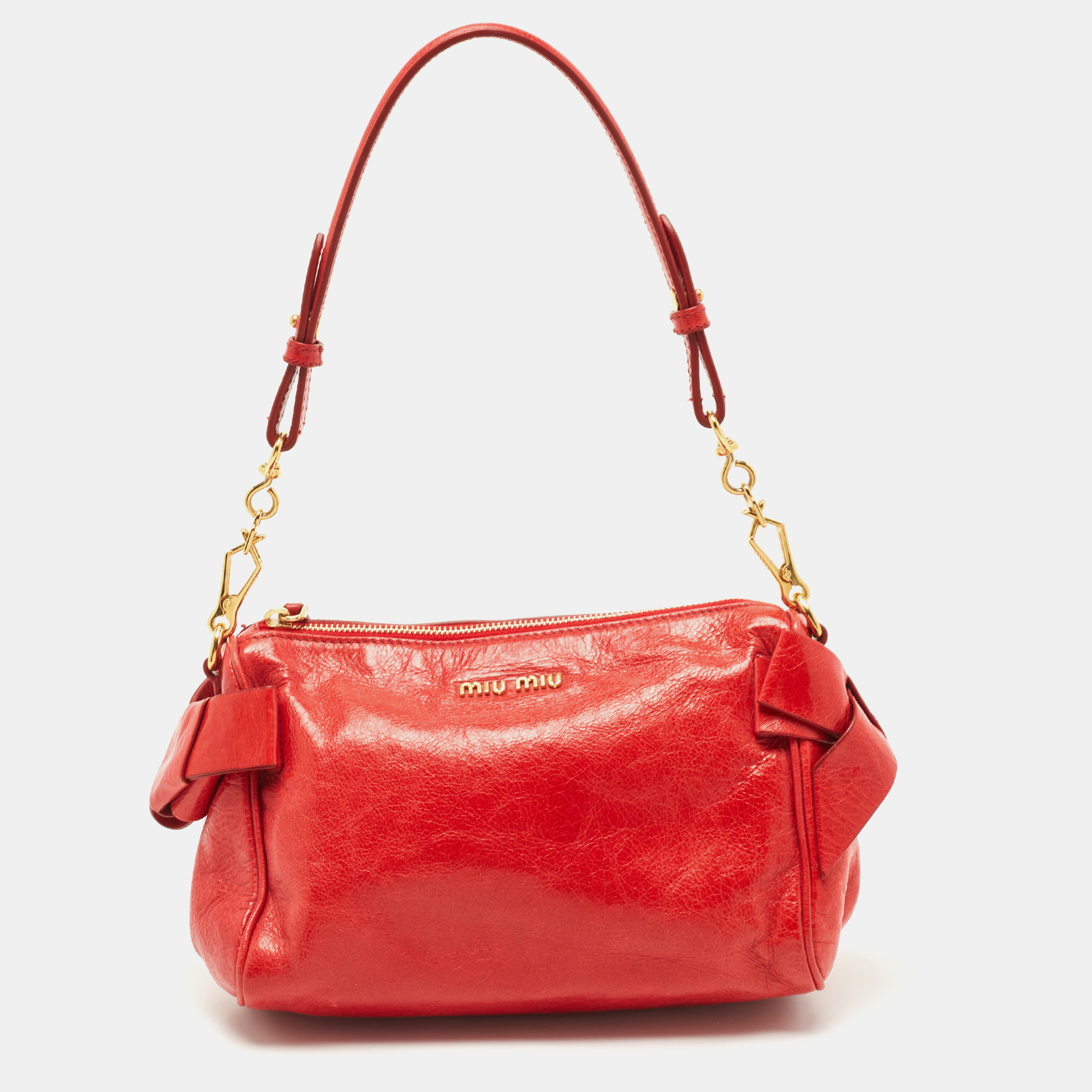Pre-owned Miu Miu Red Vitello Lux Leather Bow Pochette Bag