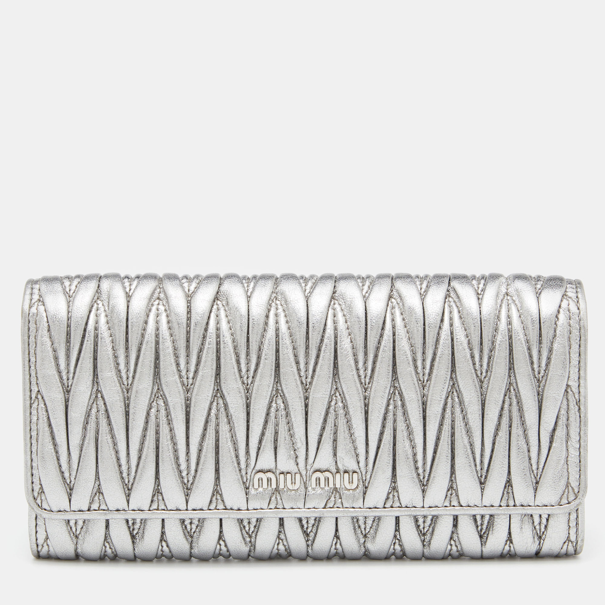Pre-owned Miu Miu Silver Matelassé Leather Logo Flap Continental Wallet