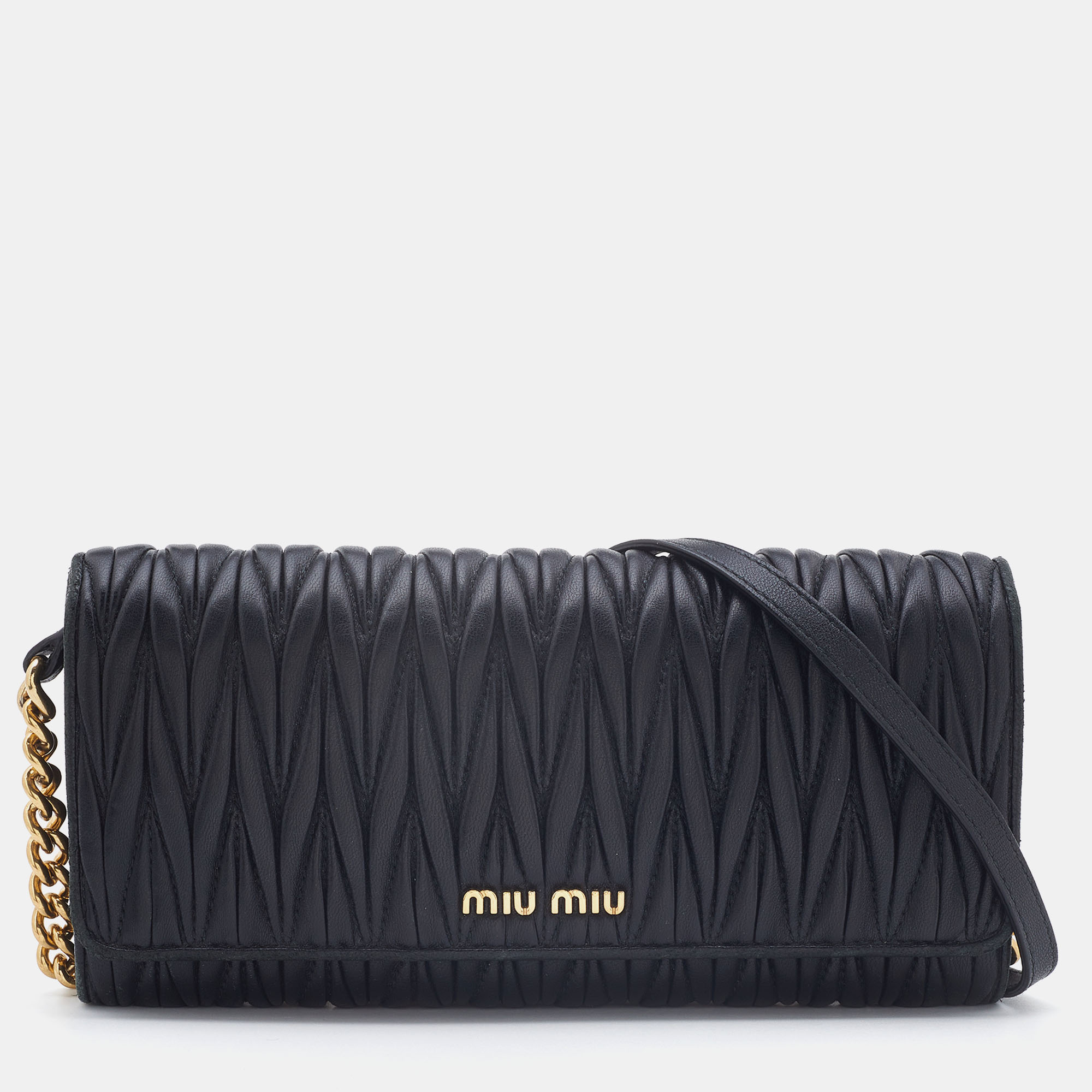 Pre-owned Miu Miu Black Matelassé Leather Flap Wallet On Chain