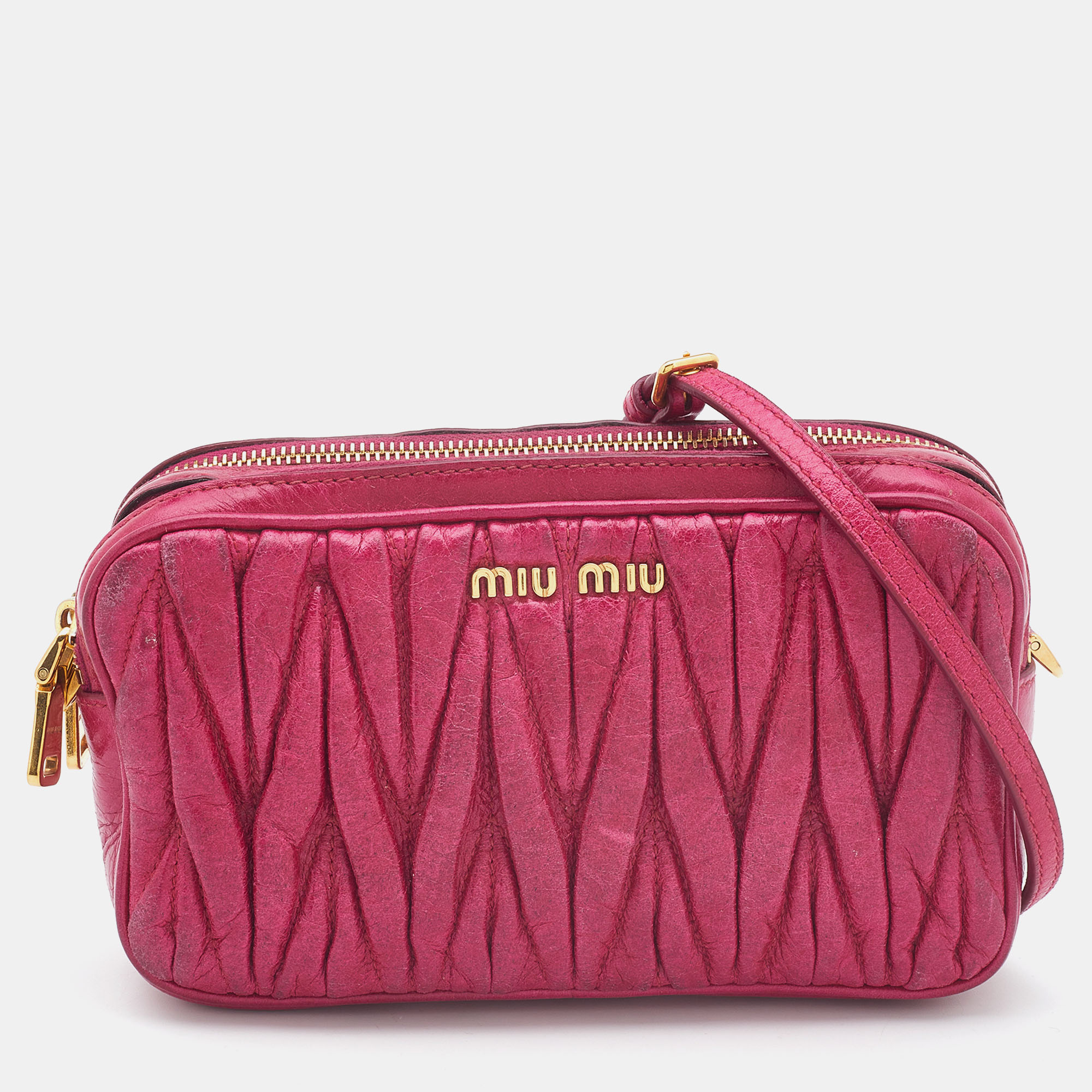 Pre-owned Miu Miu Fuchsia Matelasse Leather Double Zip Crossbody Bag In Pink