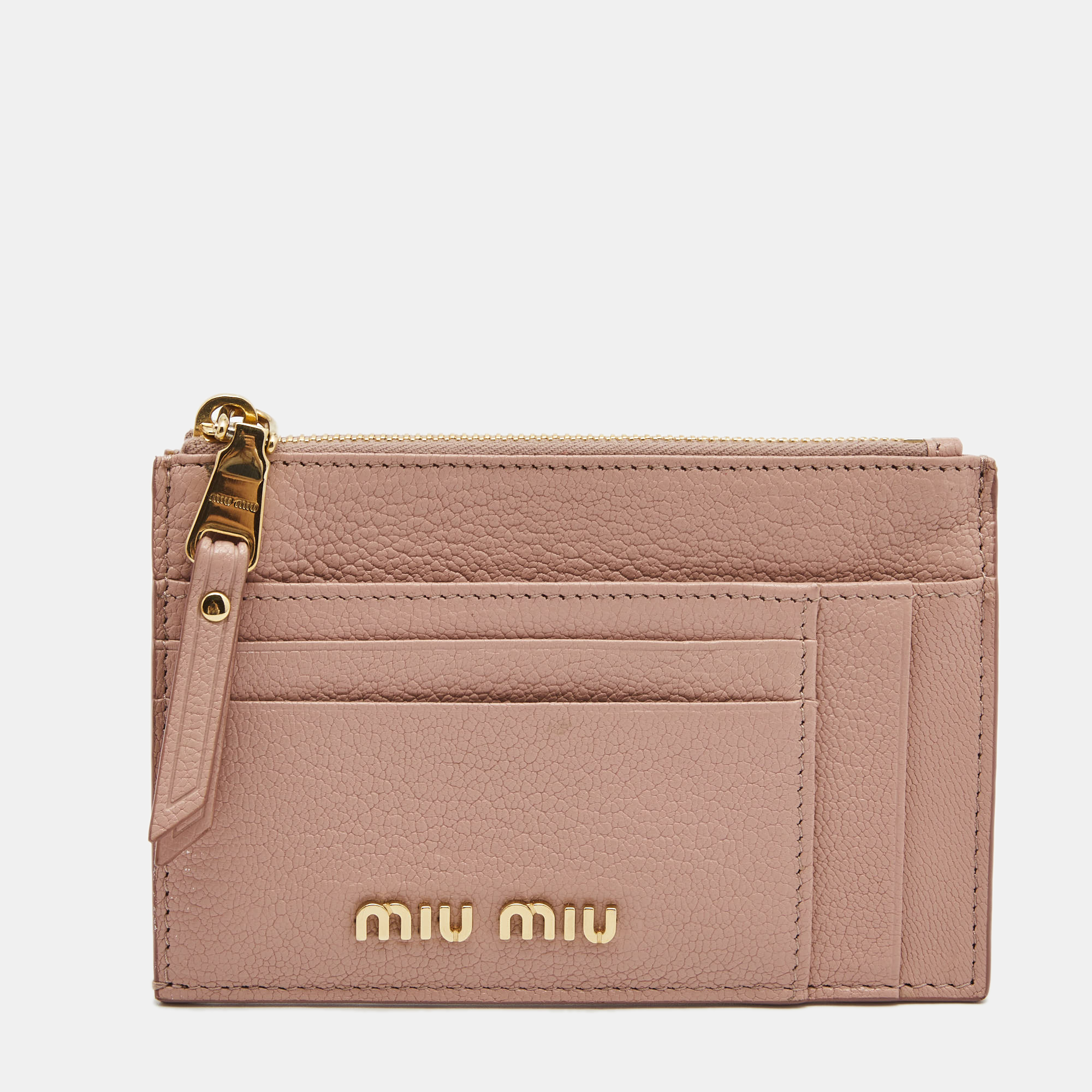 Pre-owned Miu Miu Light Pink Madras Leather Zip Card Holder