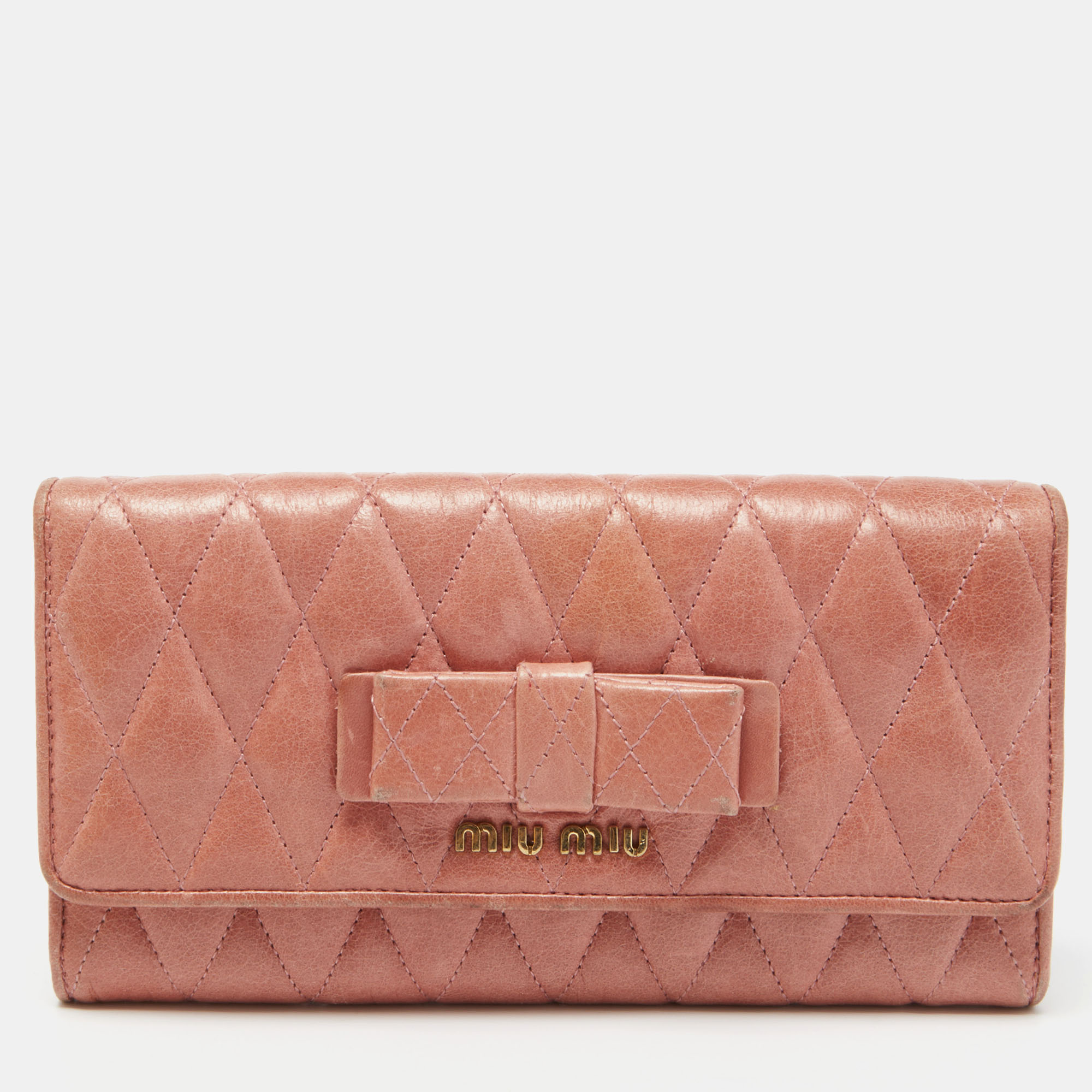 Pre-owned Miu Miu Peach Matelasse Leather Bow Flap Continental Wallet In Orange