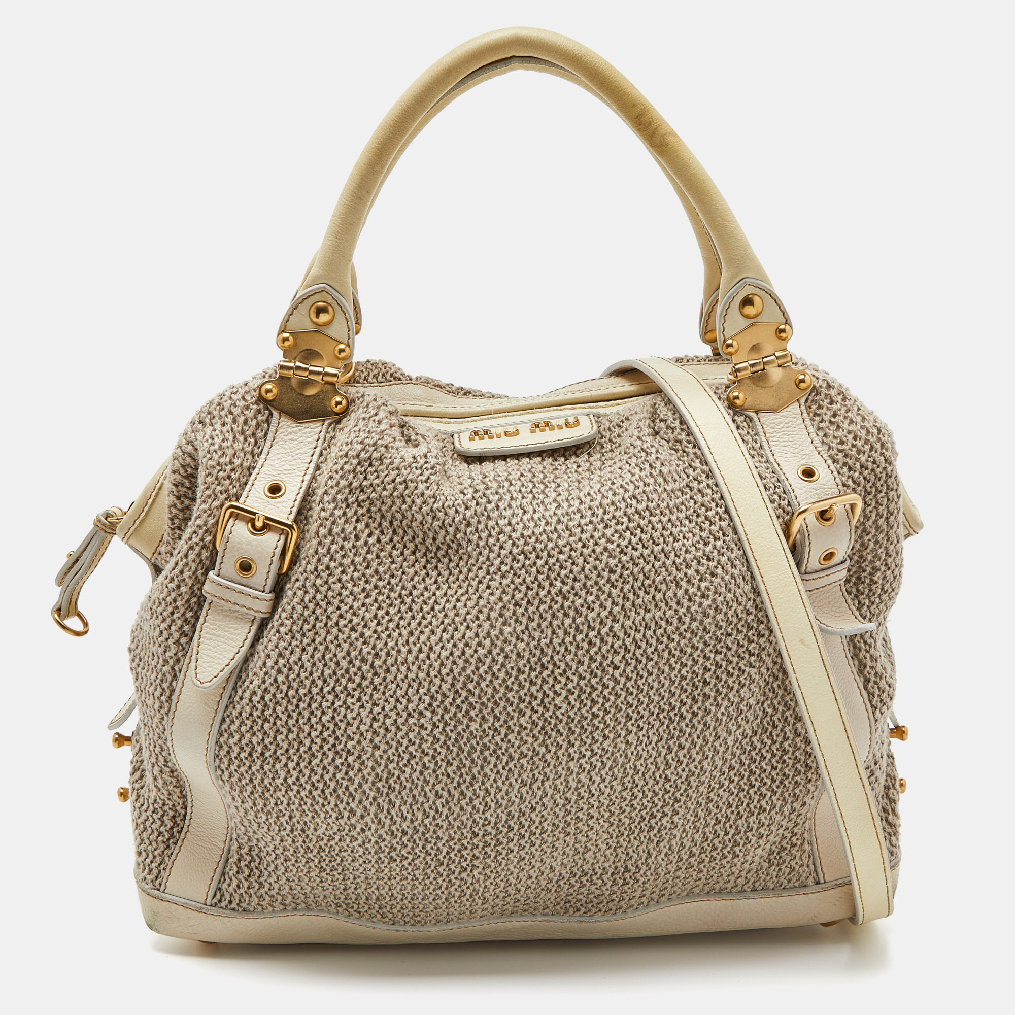 Pre-owned Miu Miu Cream Woven Fabric And Leather Satchel