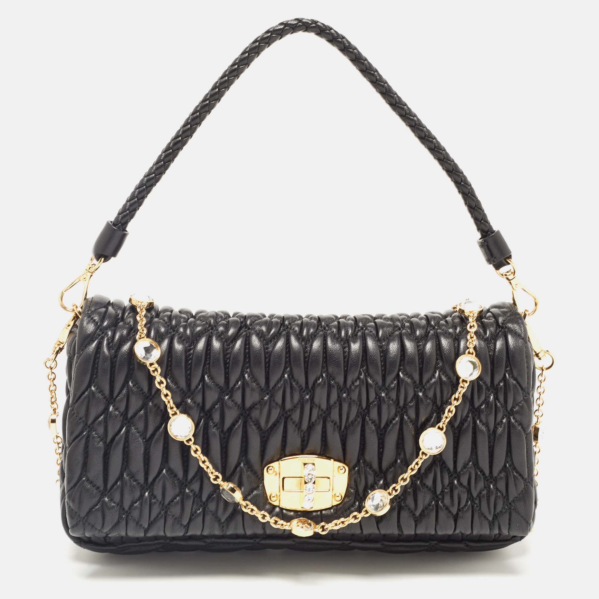 مملوكة مسبقًا Miu Miu Black Cloqué Leather Crystals Embellished Flap Shoulder Bag