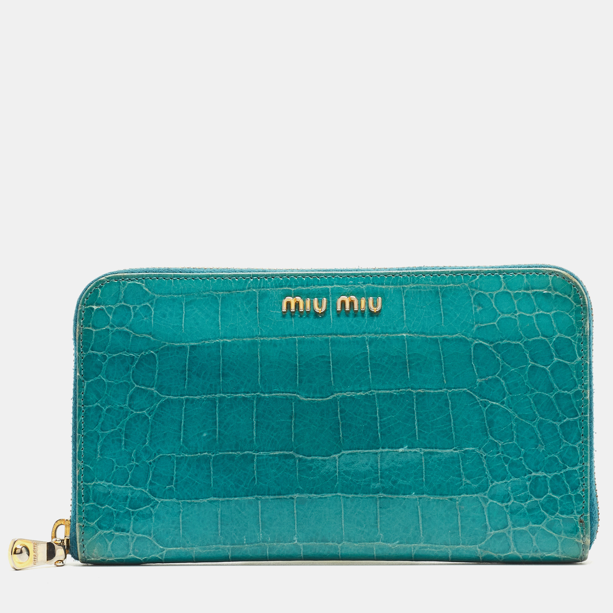 Pre-owned Miu Miu Green Croc Embossed Leather Zip Around Wallet