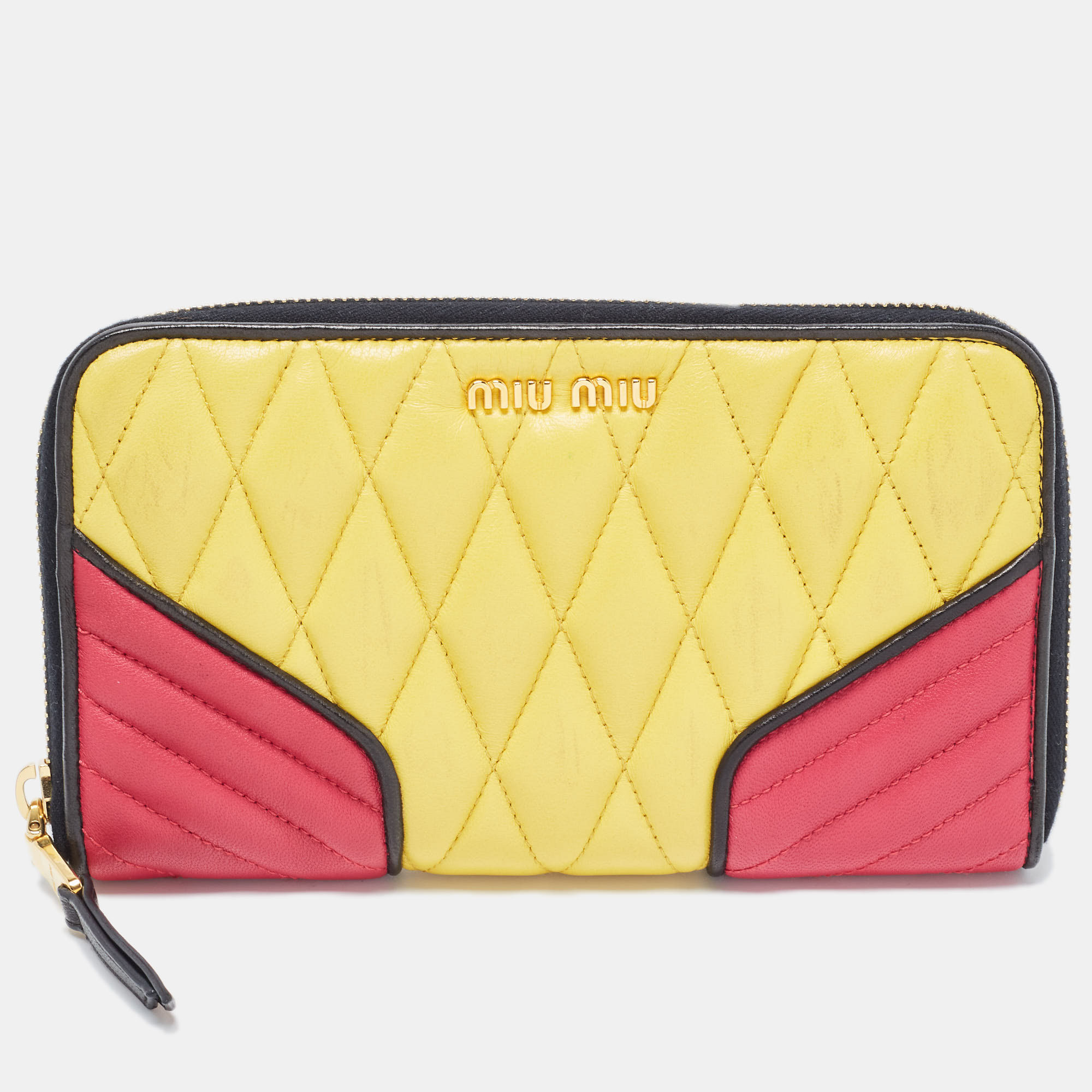 Pre-owned Miu Miu Tri Color Mixed Quilted Leather Zip Around Continental Wallet In Multicolor