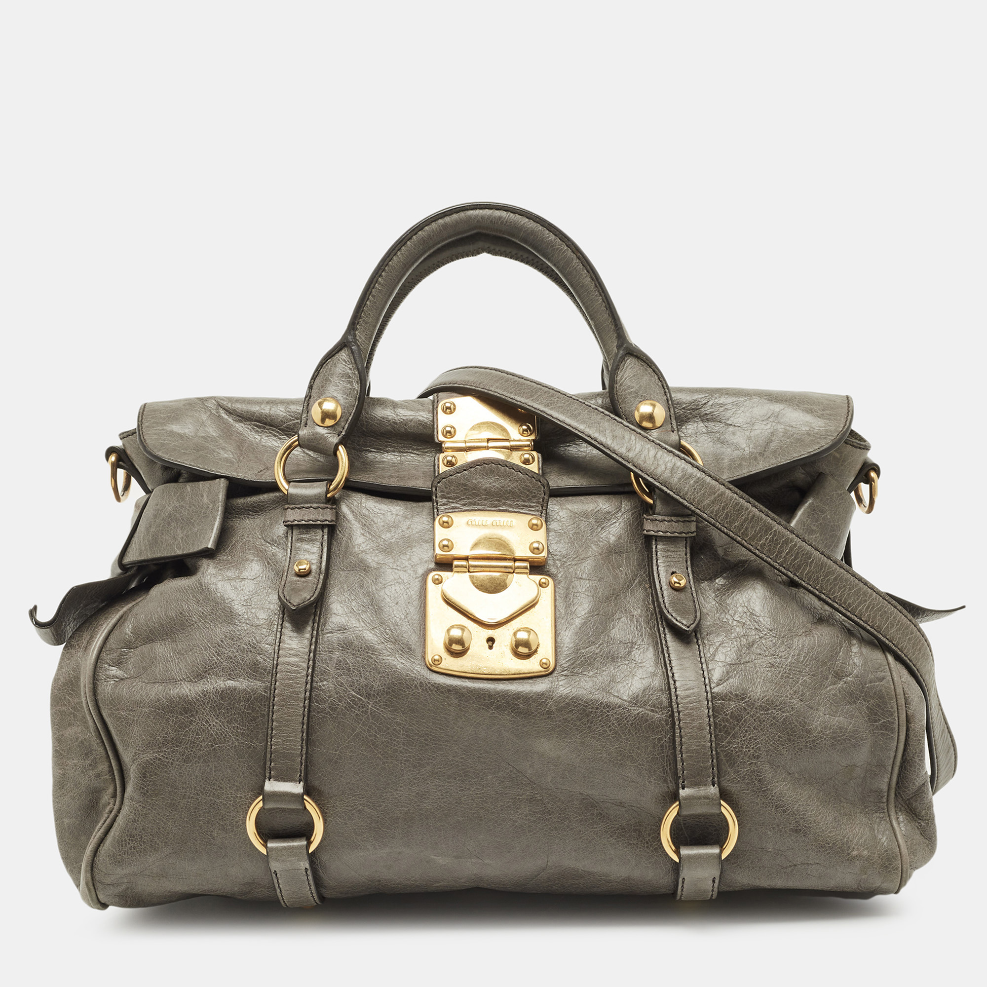 

Miu Miu Grey Vitello Lux Leather Side Bow Bag