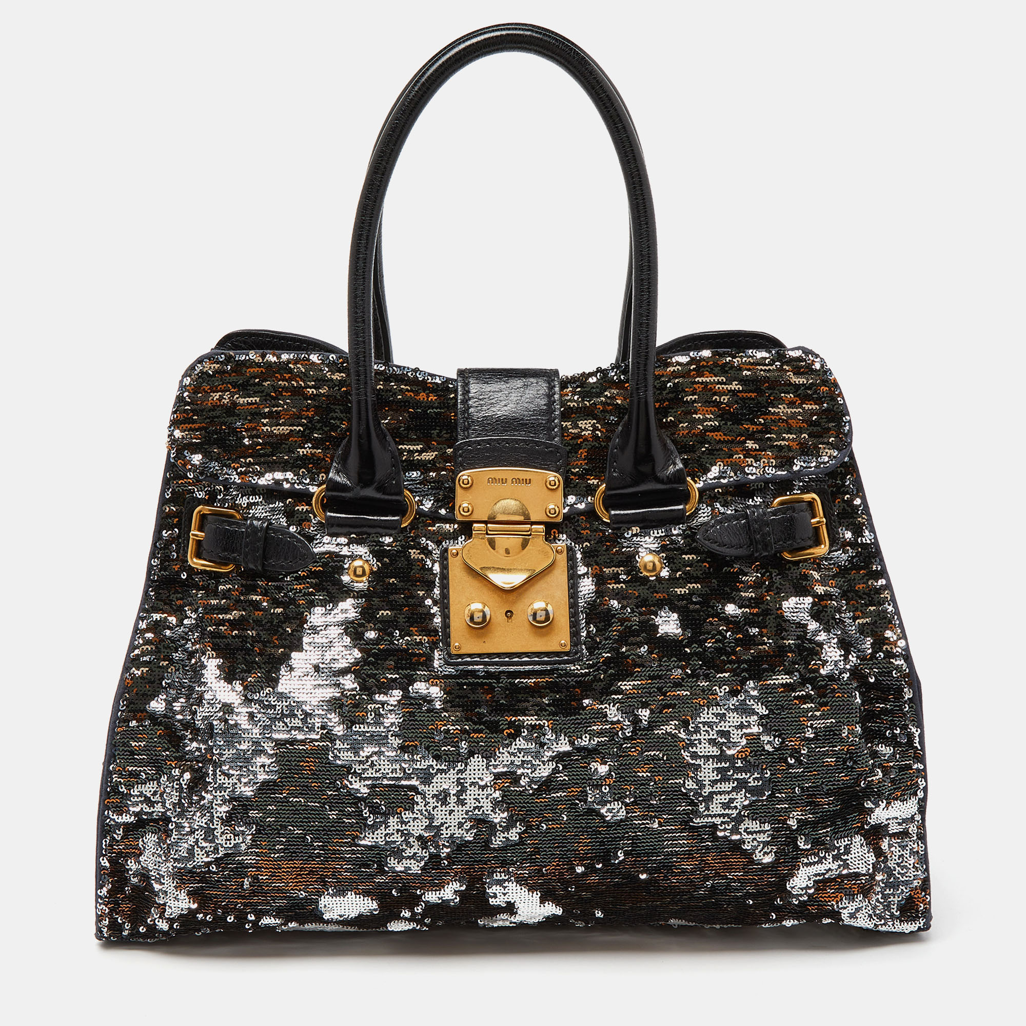 Pre-owned Miu Miu Silver/black Sequins And Leather Tote