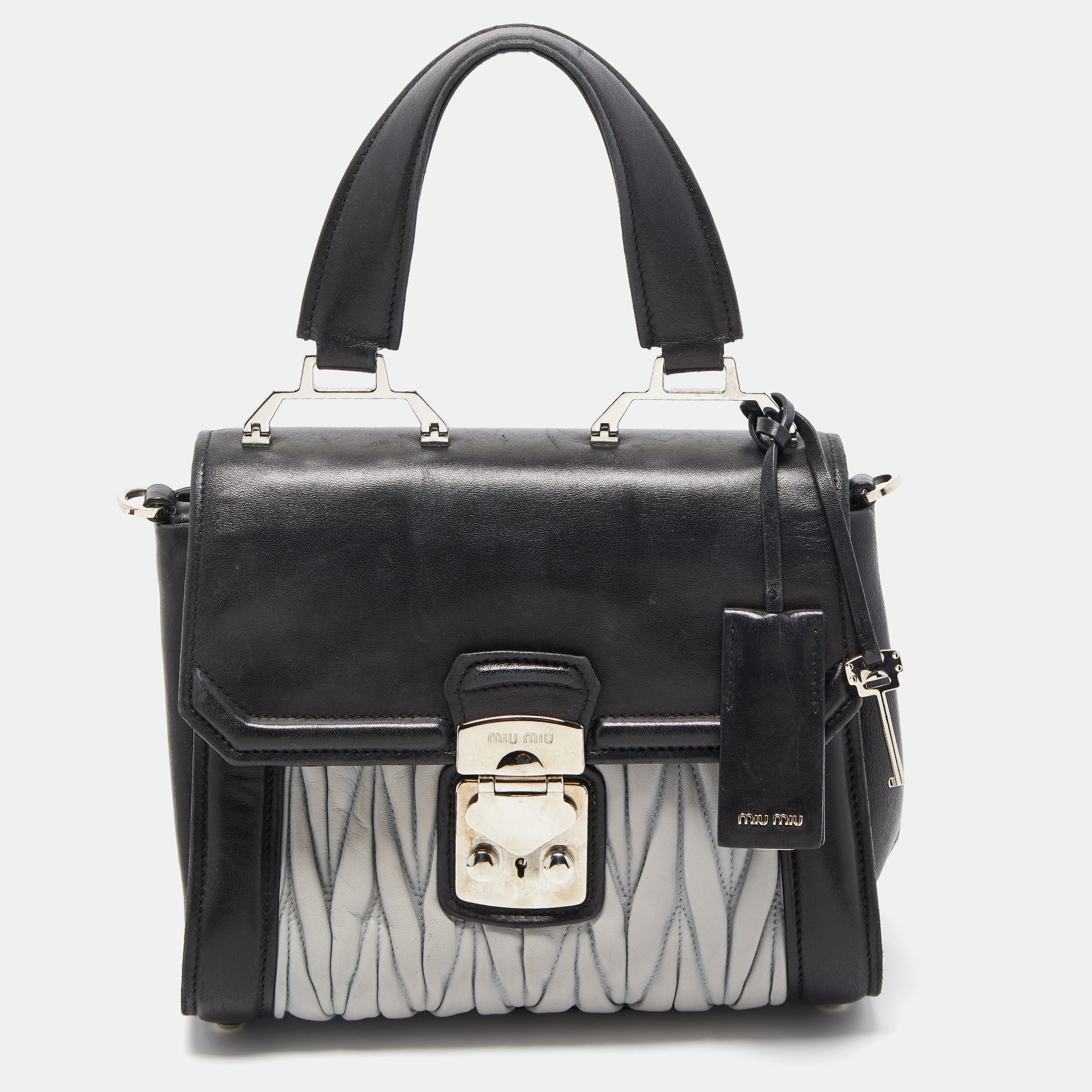 Pre-owned Miu Miu Black/grey Matelassé Leather Confidential Top Handle Bag