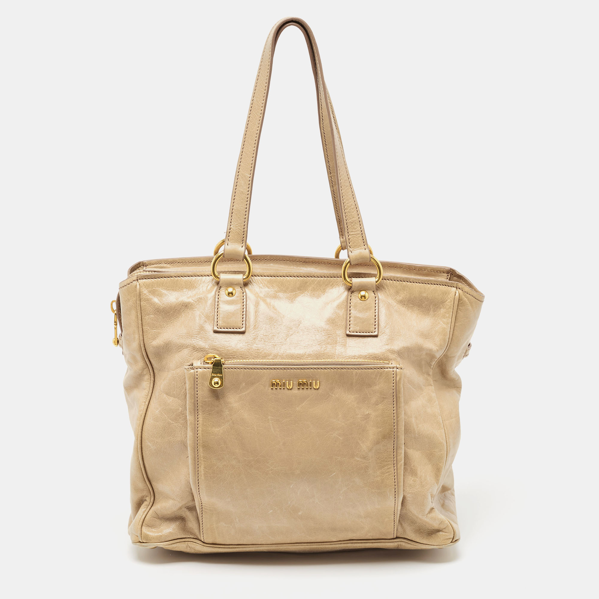Pre-owned Miu Miu Beige Leather Front Pocket Tote