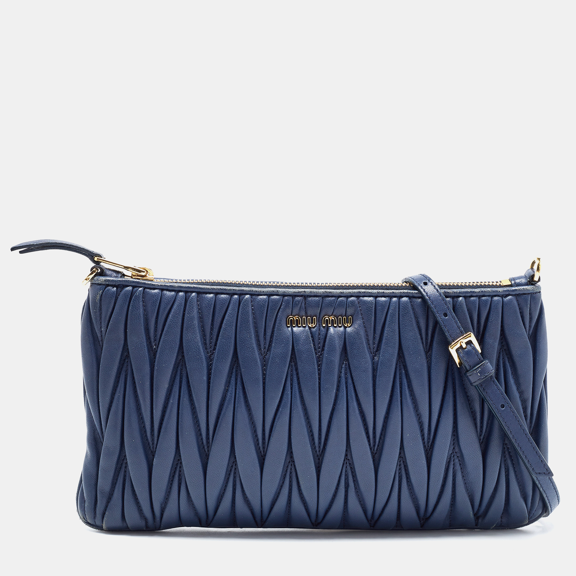 Pre Owned Miu Miu Navy Blue Matalasse Leather Clutch Crossbody Bag