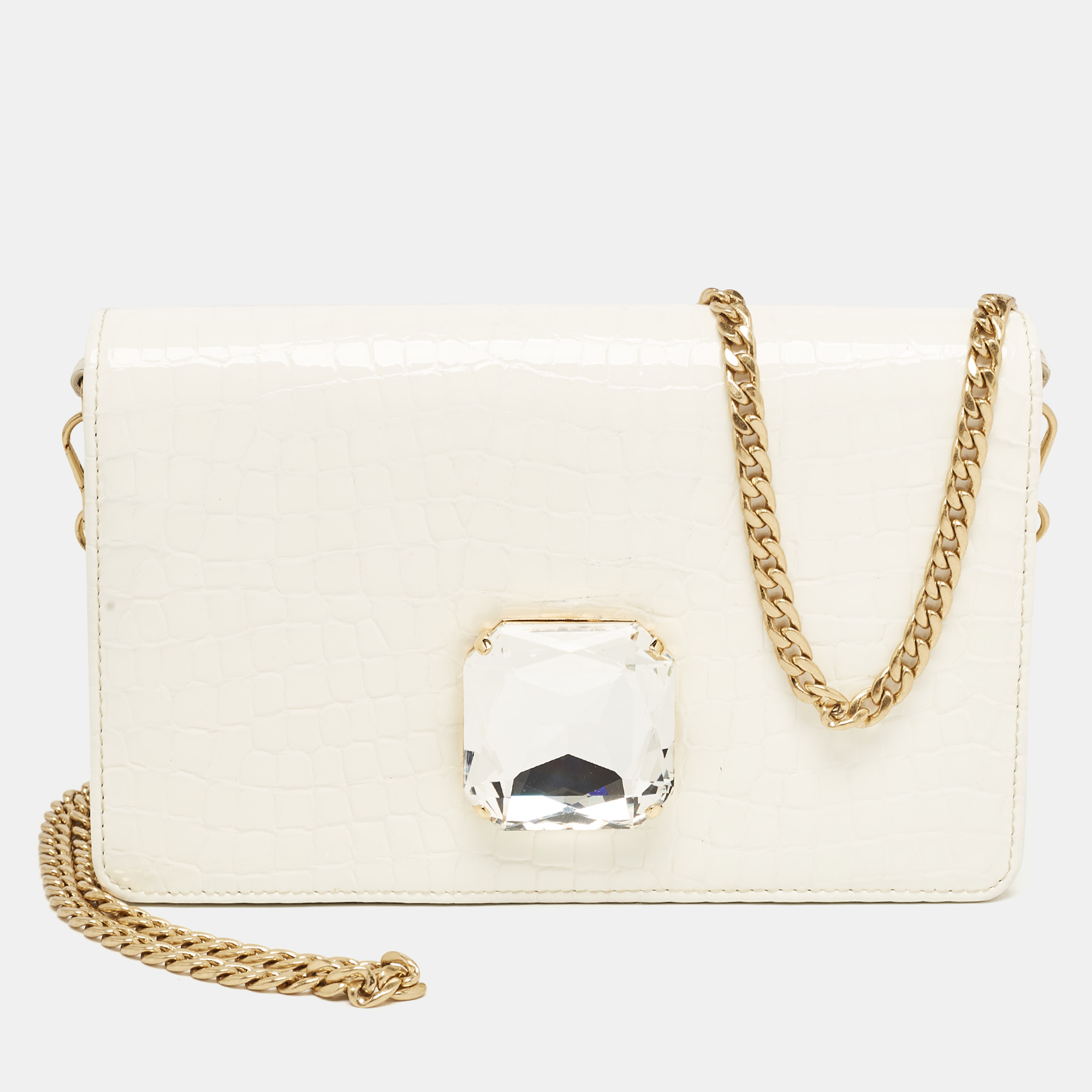 

Miu Miu Off White Croc Embossed Leather Crystal Embellished Chain Clutch