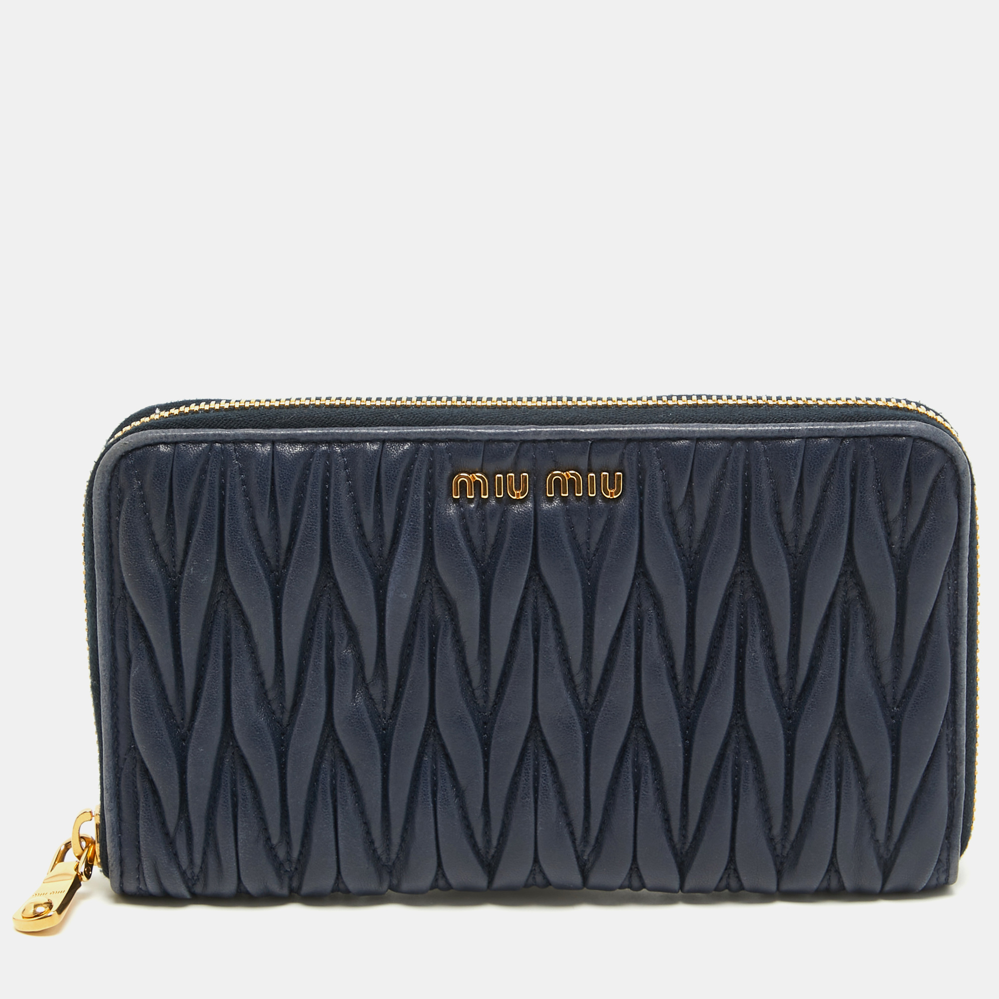 Pre-owned Miu Miu Navy Blue Matelasse Leather Zip Around Wallet