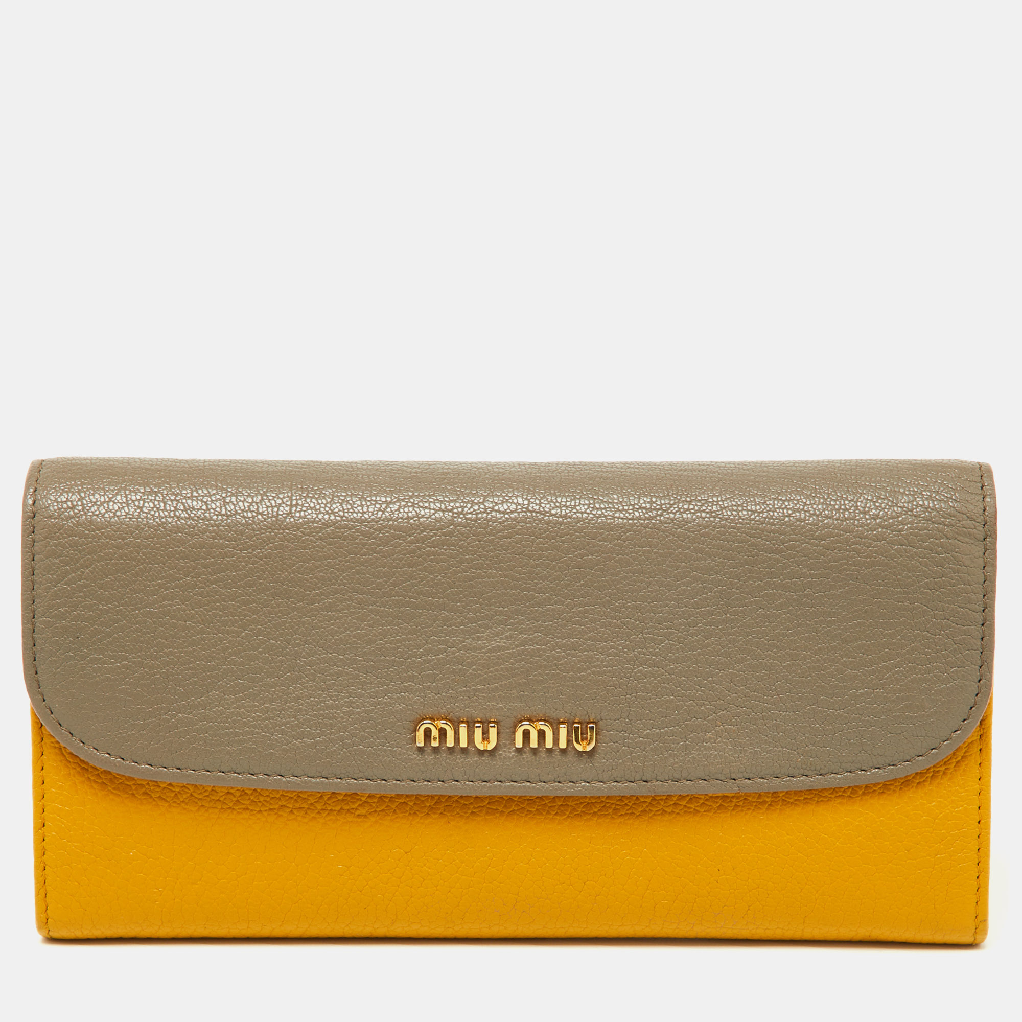 Pre-owned Miu Miu Grey/yellow Madras Leather Flap Continental Wallet