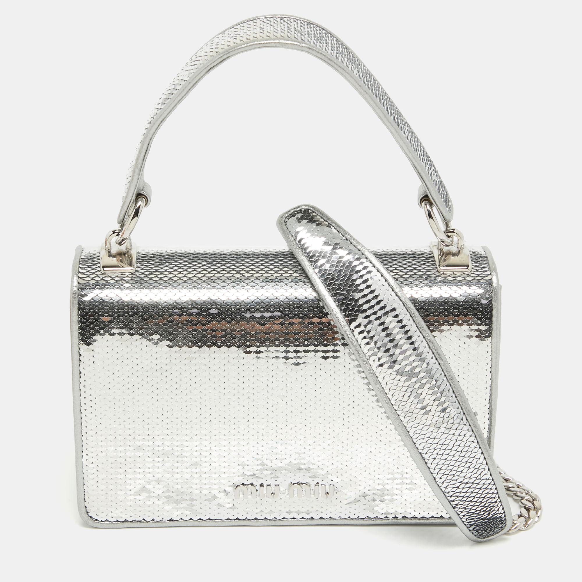 Pre-owned Miu Miu Silver Sequin And Leather Chain Top Handle Bag