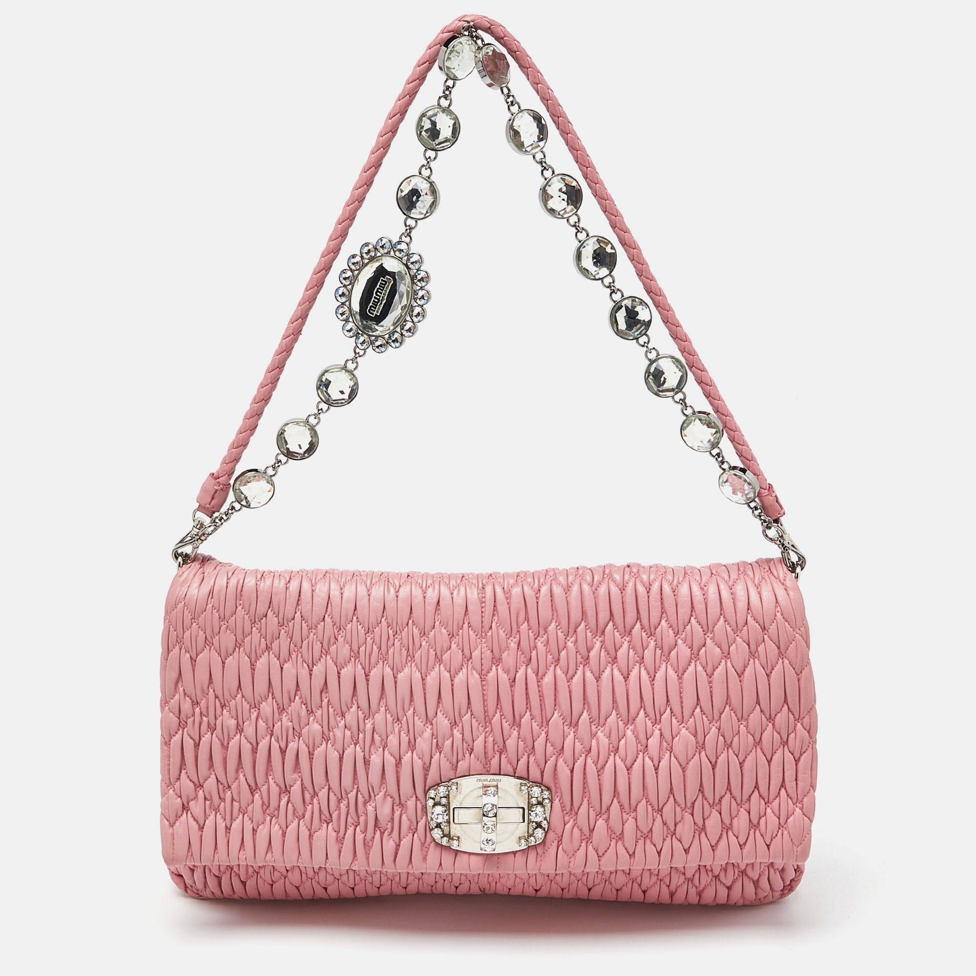 

Miu Miu Pink Matelassé Leather Crystal Shoulder Bag