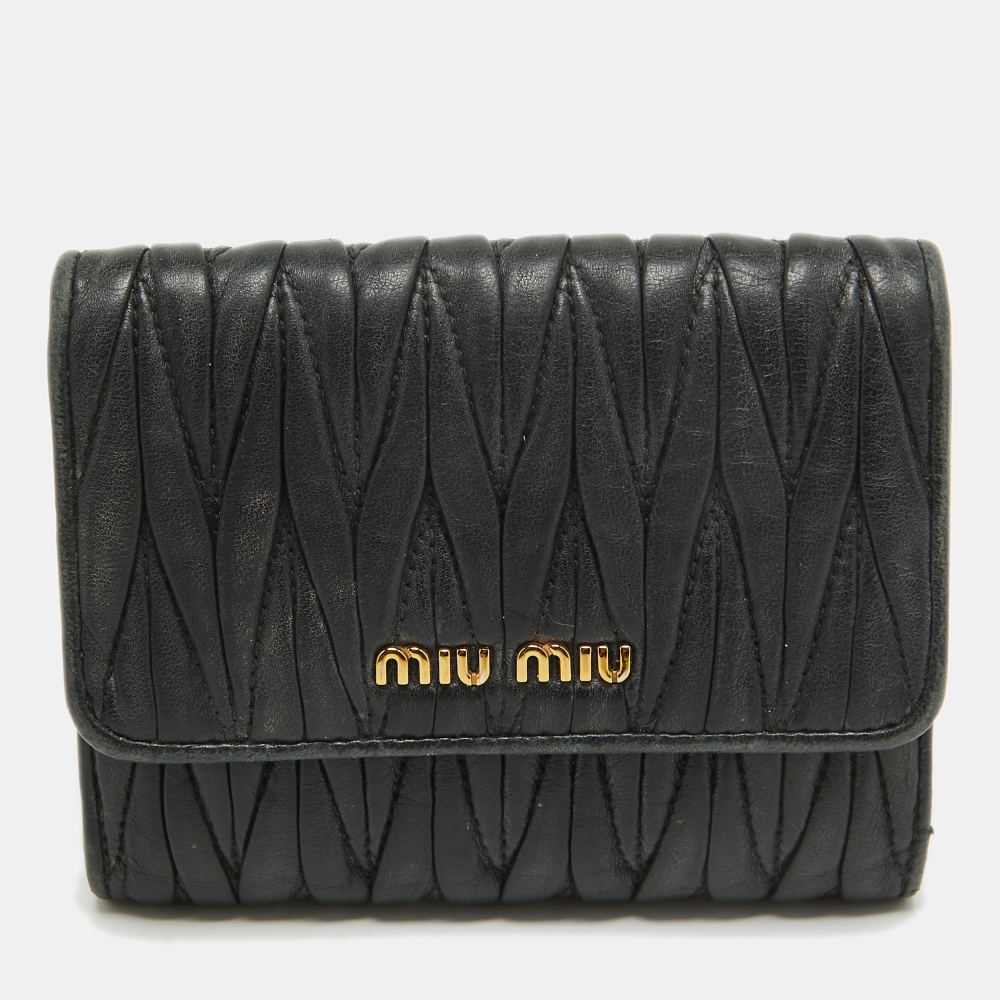 Pre-owned Miu Miu Black Matelasse Leather Flap Compact Wallet