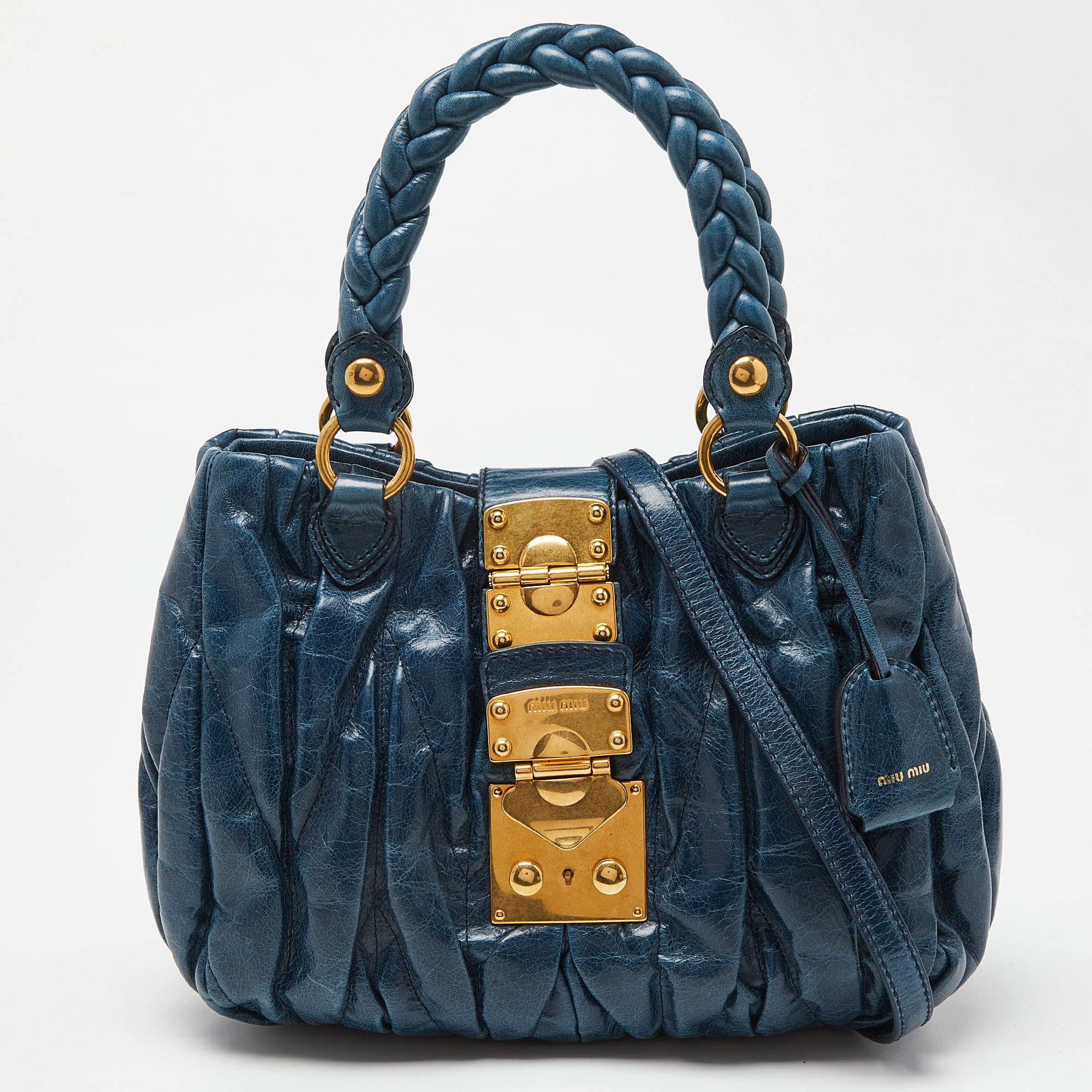 Pre Owned Miu Miu Blue Matelassé Leather Hobo with Wallet