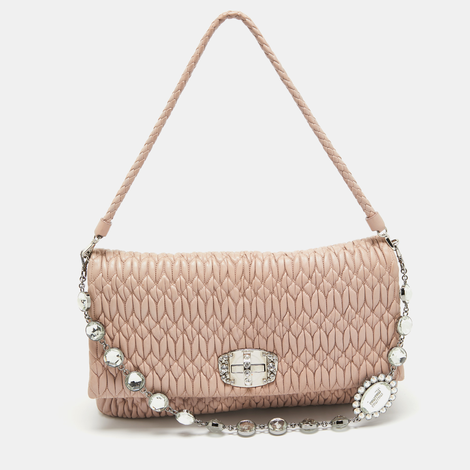 

Miu Miu Light Pink Matelassé Leather Crystal Flap Shoulder Bag