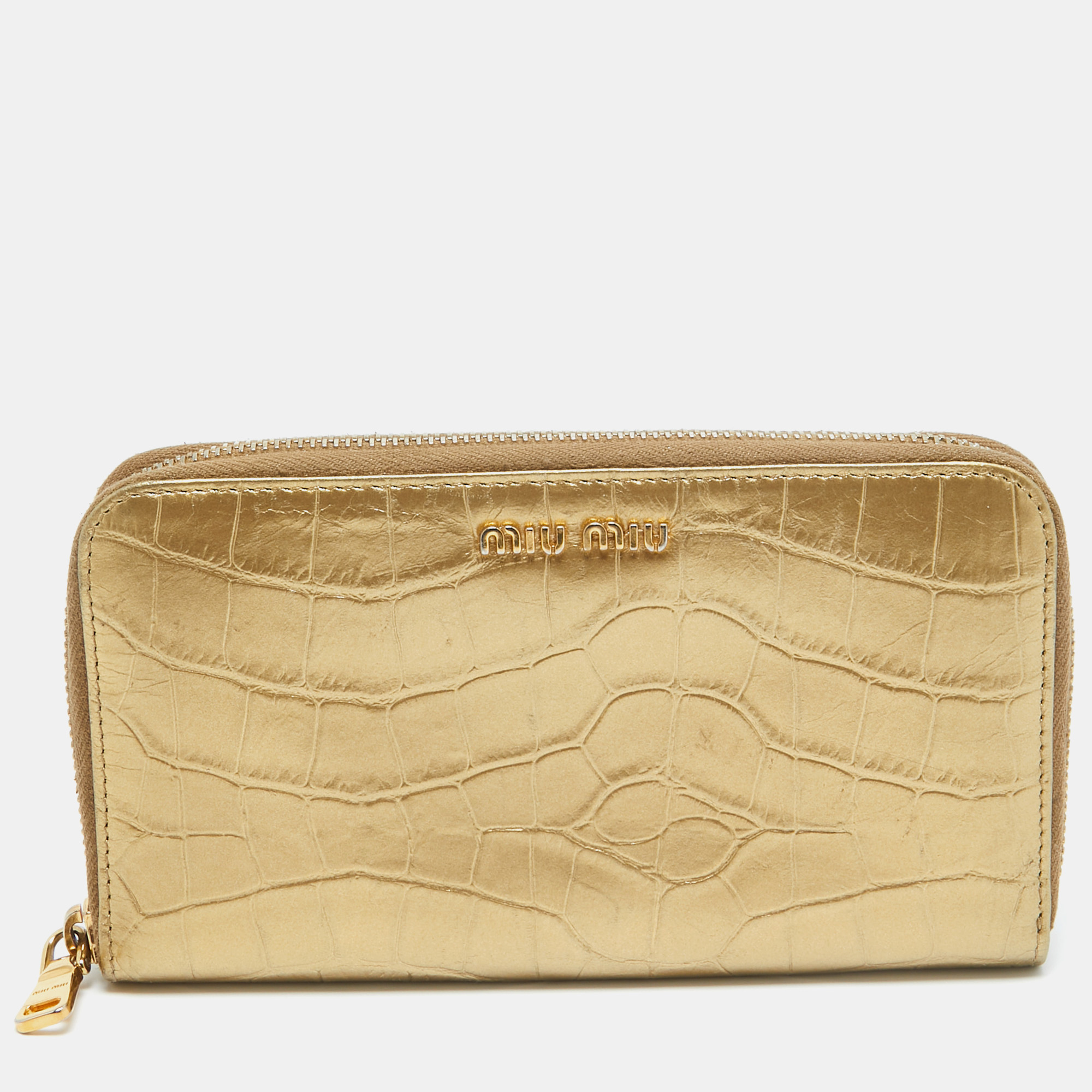 

Miu Miu Gold Croc Embossed Leather Zip Around Wallet