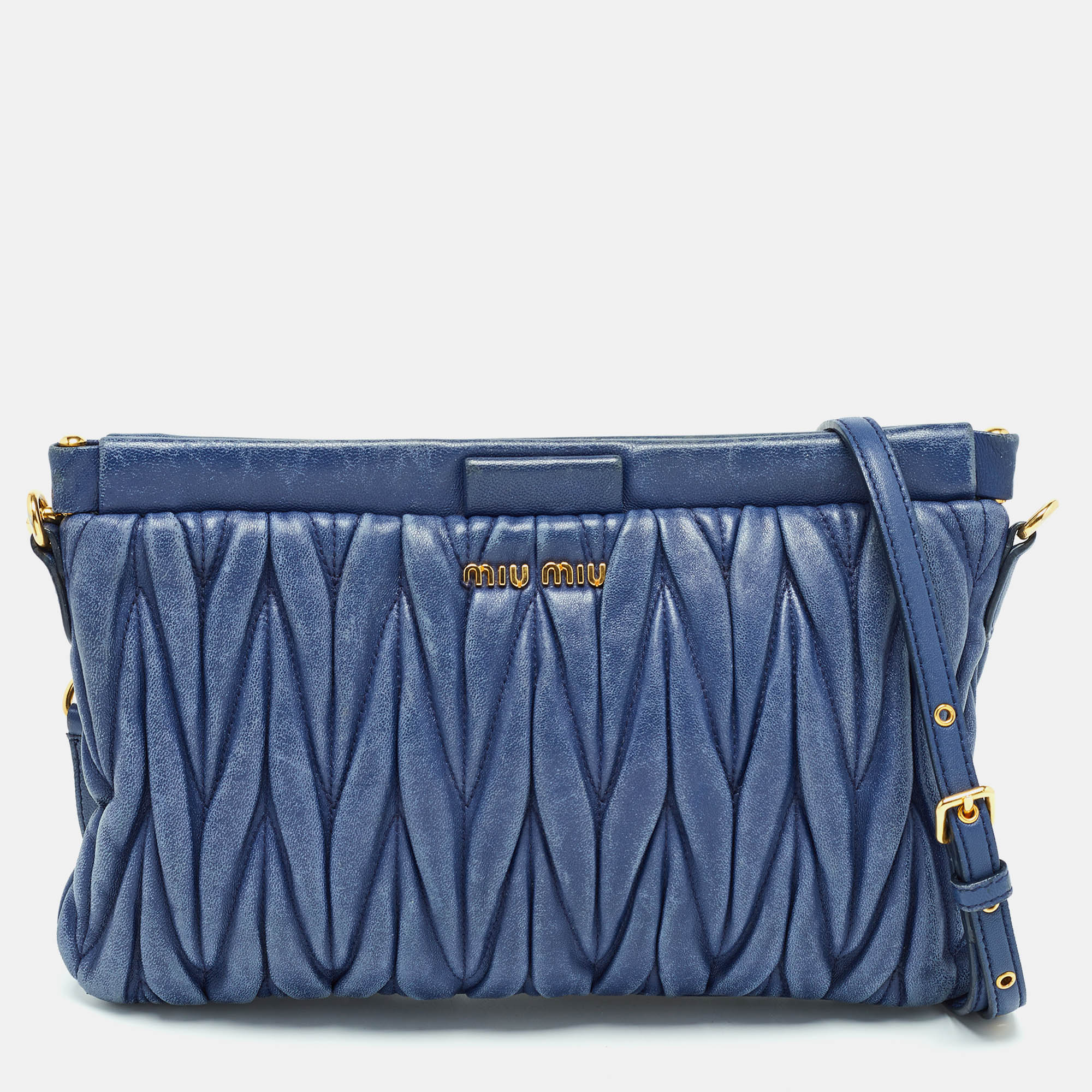 

Miu Miu Blue Matelassé Leather Frame Clutch Bag