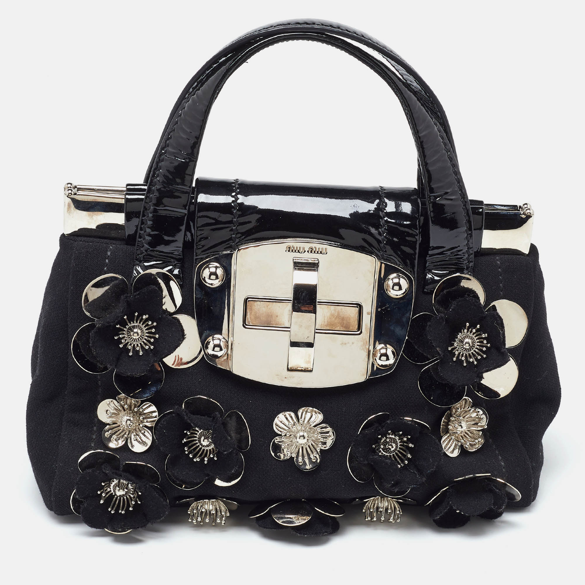 

Miu Miu Black Canvas and Patent Leather Flower Embellished Satchel